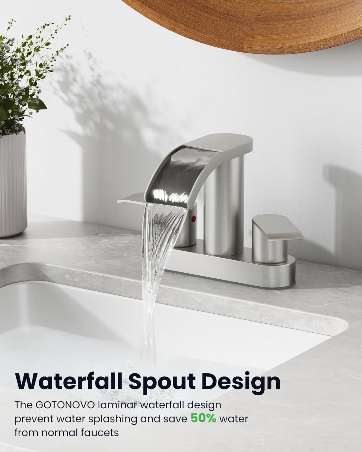 gotonovo 4 Inch Centerset Waterfall Bathroom Sink Faucet Deck Mount 2 Handle Basin Faucets 2 or 3 Hole with Pop Up Drain Included Lavatory Modern Mixer Tap Vanity Faucet Brushed Nickel