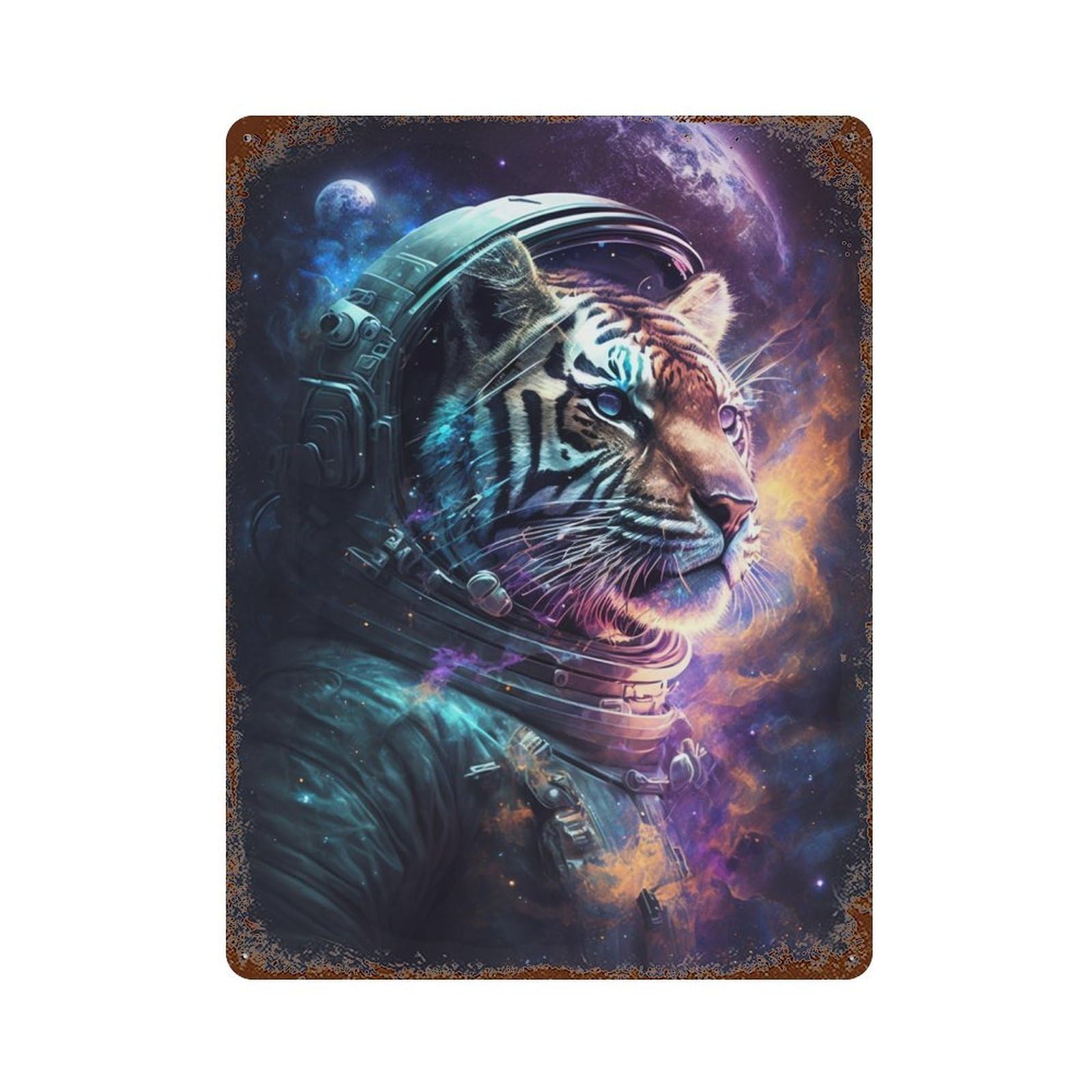 Tiger Astronaut Space Art Print-5 Vintage Wall Sign 15.7"x11.8", Rust Effect Metal Decor for Shed, Workshop And Garage Wall Decor