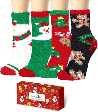Christmas Socks for Women - Girls Christmas Gifts Stocking Stuffers Fuzzy Socks 4 Pack