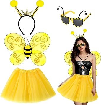 Horolam Bee Costume Accessories, Bee Costume Adult Women with Bee Wings Antenna Headband Bee Galsses Yellow Tutu for Girls