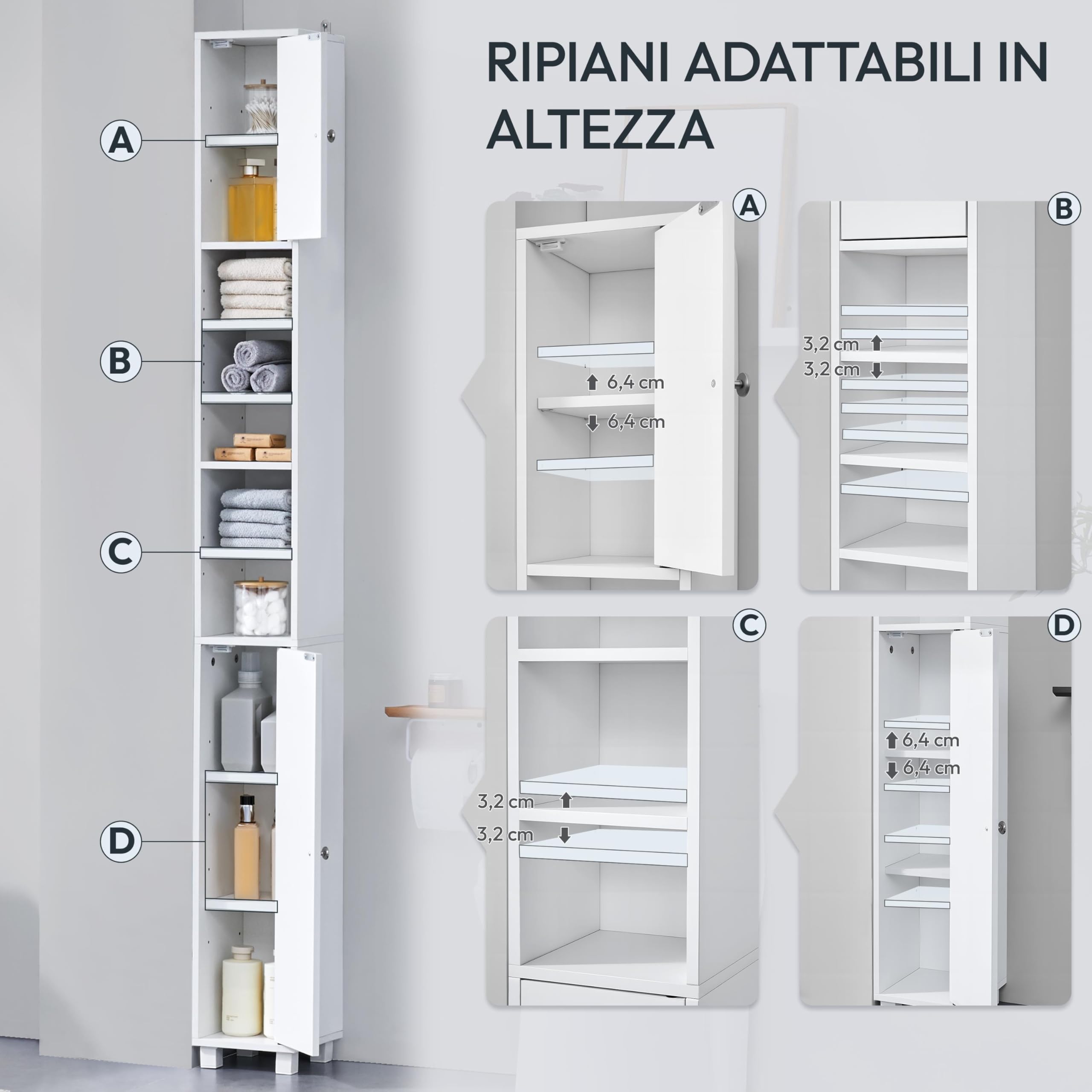 Colonna Bagno Stretta, Colonna Bagno Alto, Stretto, 20x20x180cm, Armadio, Mobiletto, con Antiribaltamento, Ripiani Regolabili, Bianco