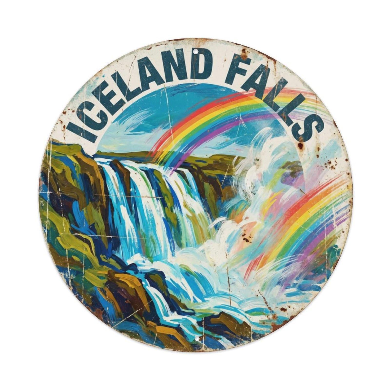 Vintage Travel Iceland Waterfall Nature Metal Tin Sign Plaque Wall Decor for Cafe, Club, Garden Round Metal Poster 8x8Inch