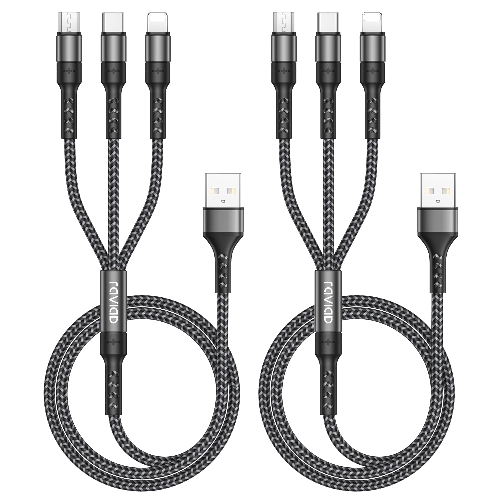 RAVIAD Multi USB Kabel [2Stück 2M] 3 in 1 Universal Ladekabel Schnellladekabel Mehrfach Ladekabel mit Micro USB Typ C Lightning Kabel für iPhone 17/16/15, Galaxy S25/S24/S23, Huawei, LG, HTC - Grau