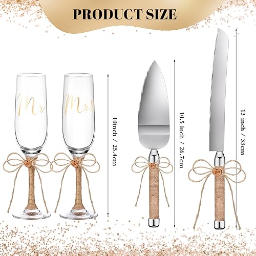 Miniatura 3 de Boao Juego de 4 flautas de tostadas de boda y servidor de tartas, copas de champán y cuchillos para tartas, con lazo de arpillera, flauta de señor y