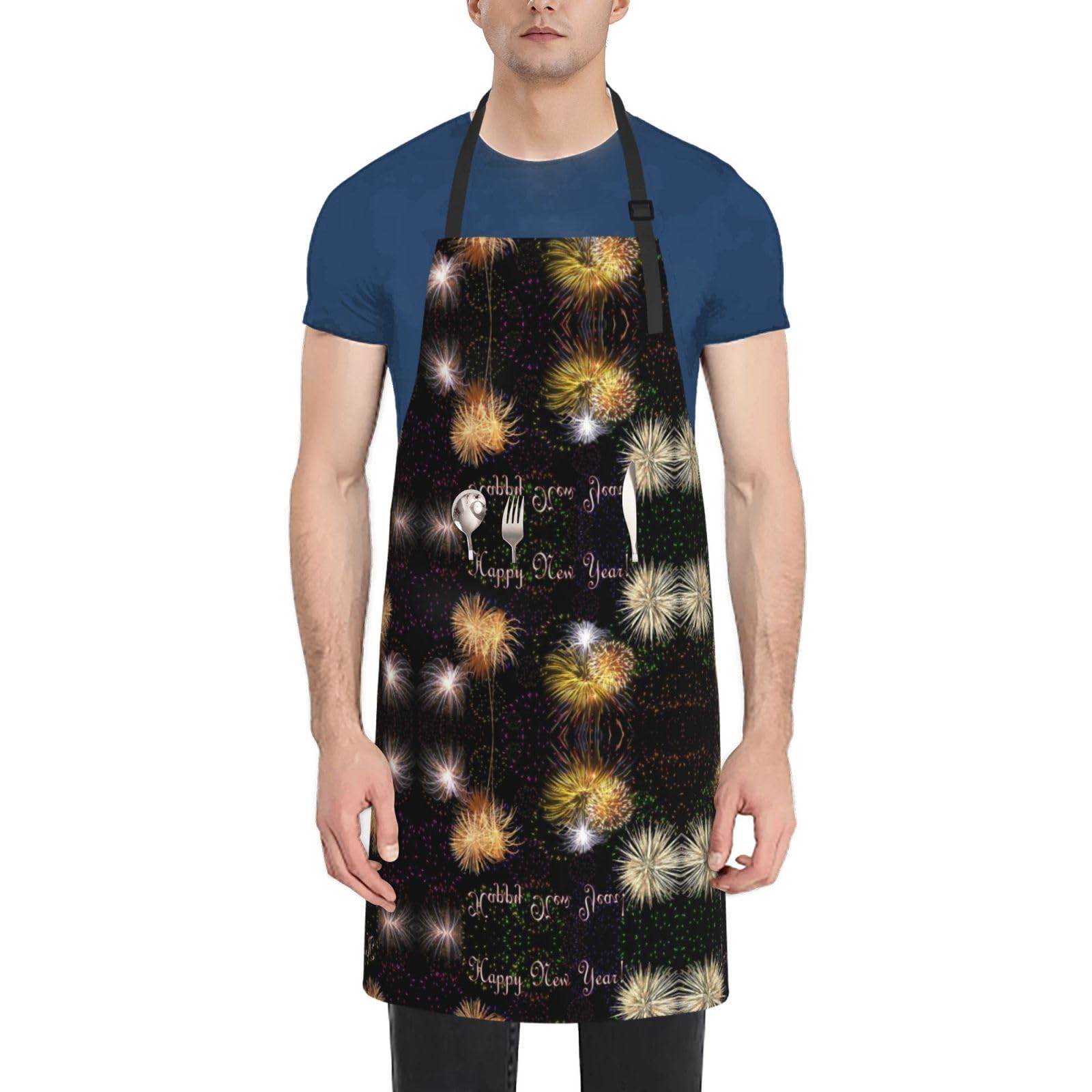 Happy New Year Adult Pocket Apron Oxford Cloth Kitchen Apron Cooking Painting Versatile Smock