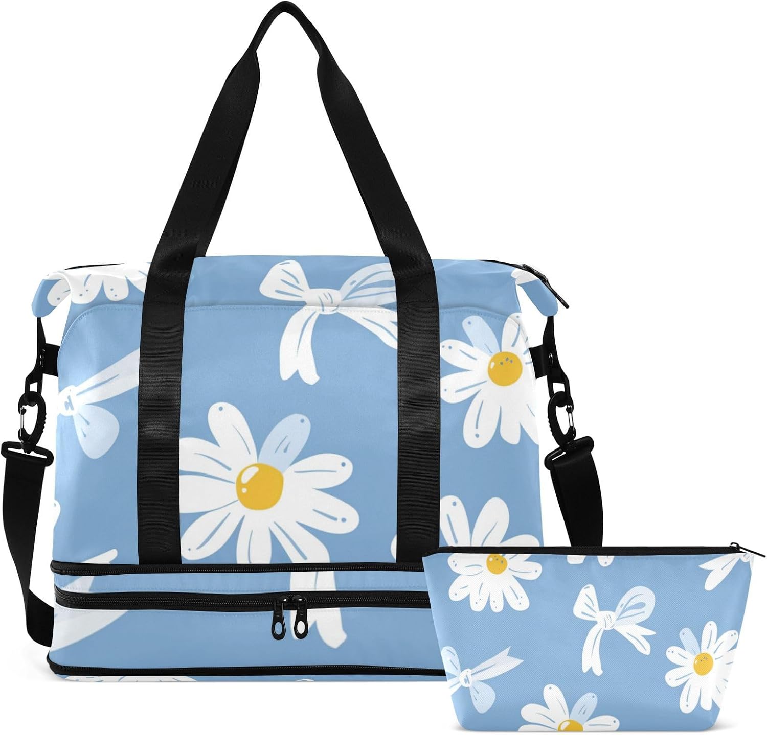 Blue Background with A White Daisies Pattern Sports Gym Bag Overnight Carry On Tote and Luggage with Toiletry Bag for Workout 2 Pcs Set