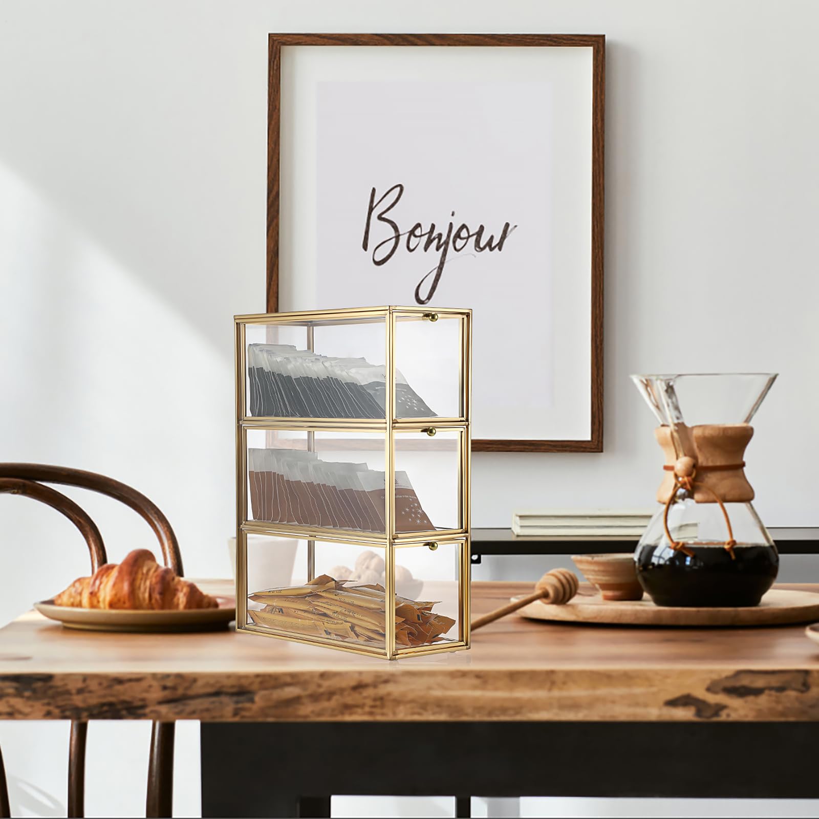 SUMTree Organisateur de sachets de thé en verre avec 3 tiroirs dorés - Boîte de rangement polyvalente vintage pour cuisine, bureau, thé, expresso, sucre, capsules de café