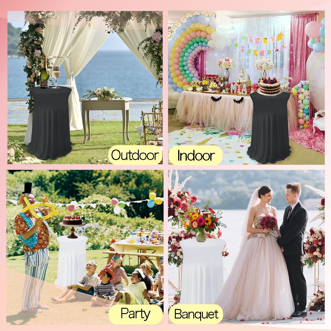 5 Pack White Cocktail Table Covers - 32 x 43 Inch Stretch Spandex Cocktail Tablecloths with Skirt Round Stretch High Top Table Cloths for Party, Bar, Pub, Wedding, Banquet, Birthday