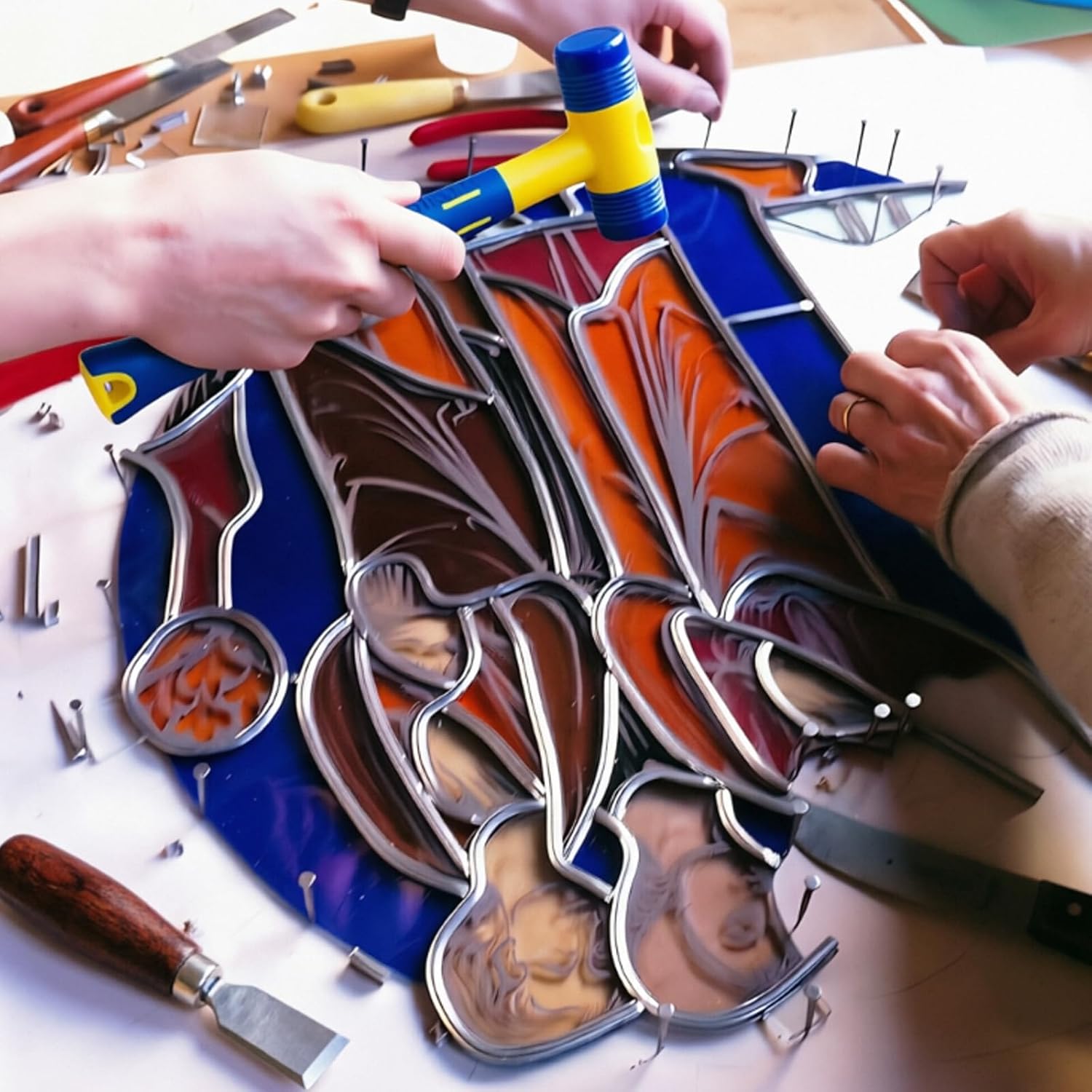 Stained Glass Tools And Supplies For Lead Came Work, 100pcs Hardend Steel Horseshoe Nails, Rubber Mounting Hammer, Lead Knife & Scissors
