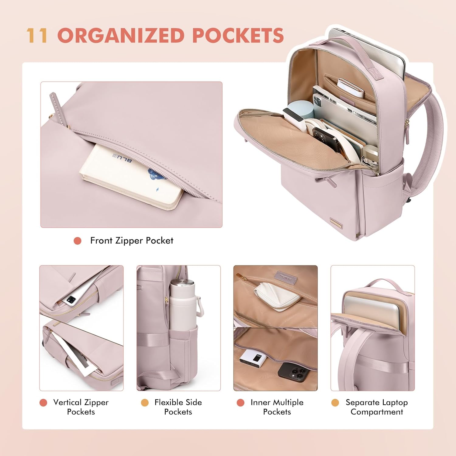 GOLF SUPAGS Travel Laptop Backpack for Women Airline Approved for Work College Travel Multi-Functional Casual Daypack Teacher Nurse Bags Fits 15.6 Inch Notebook (Pinkish Grey) - Image 2