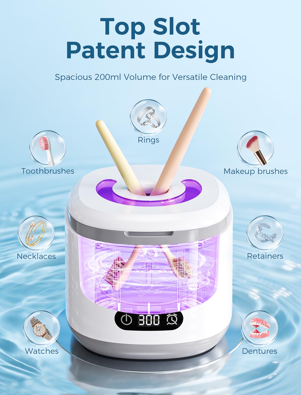 Estefanlo Nettoyeur de retenue à ultrasons, 45 kHz avec minuterie automatique numérique LED, nettoyeur à ultrasons de 200 ml avec 3 modes de nettoyage pour dentier, alignement, protège-dents, garde de