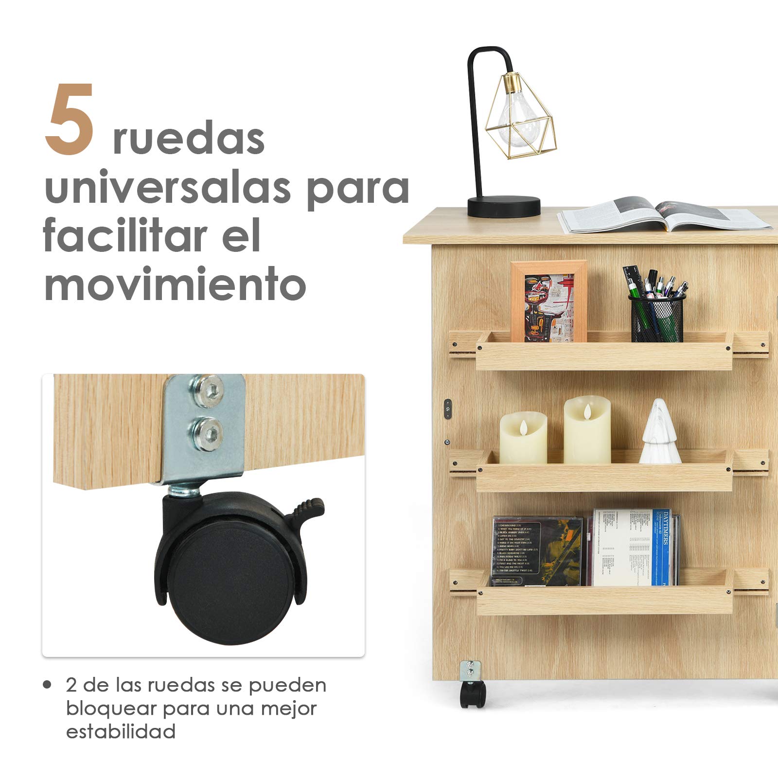 COSTWAY Mesa Maquina de Coser Plegable, 2 en 1 Mueble Maquina Coser con 3 Compartimientos, 1 Estante de Almacenamiento y 5 Ruedas Bloqueables, Mesa de Costura Que Ahorro de Espacio (Natural Claro)