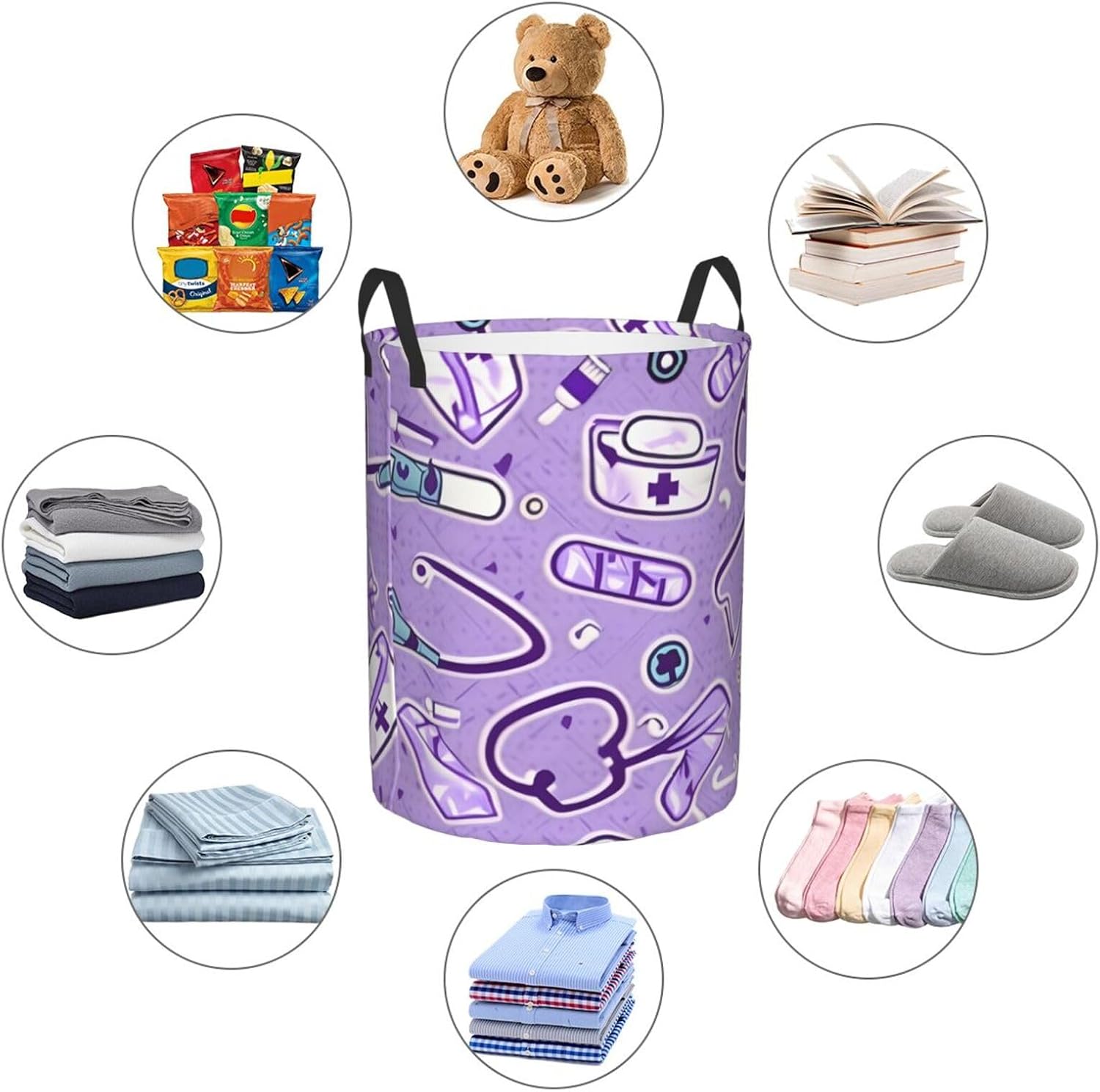Nurse Pattern Purple Print Circular Protable Storage Bin,Basket For Laundry Hamper With Handles Bedroom Clothes
