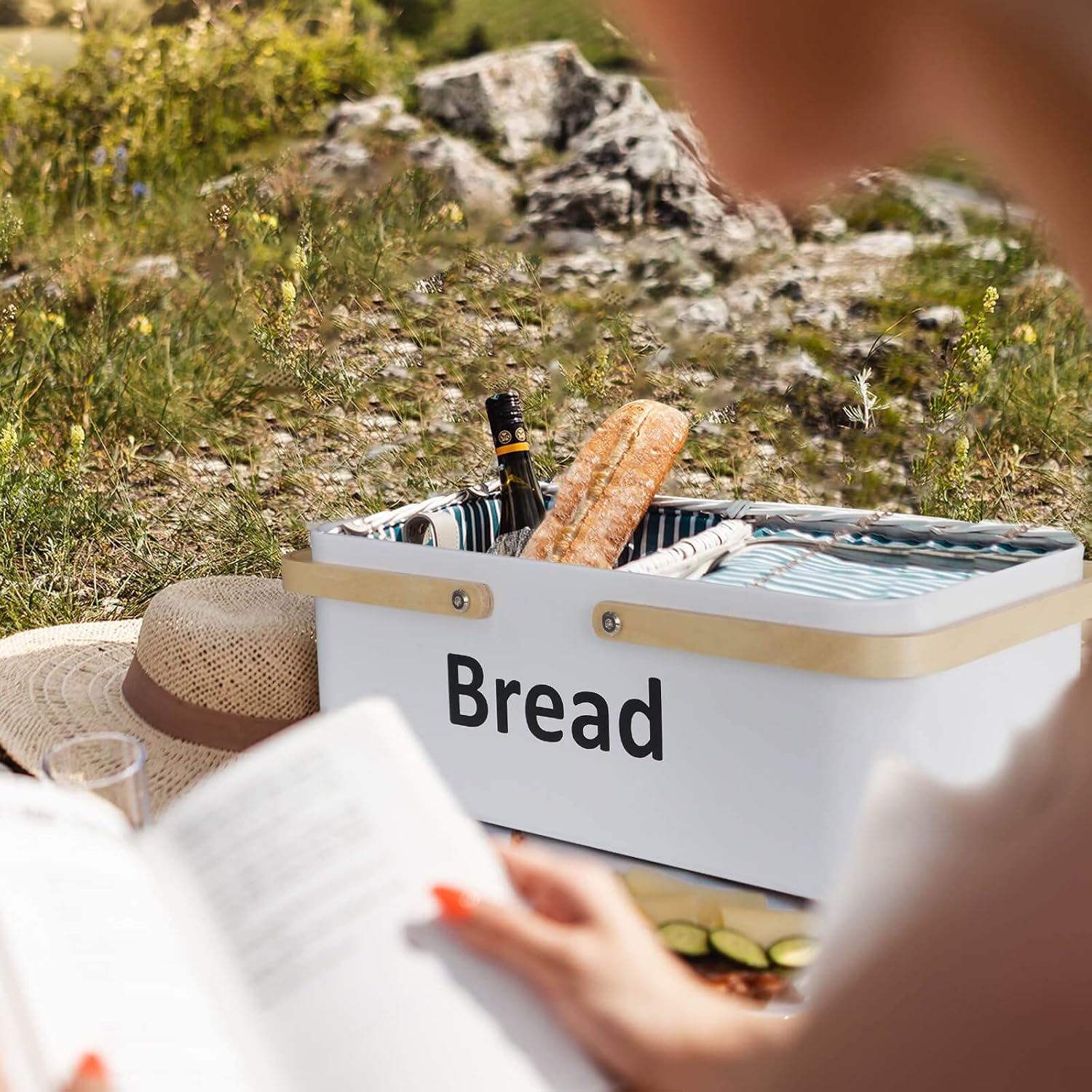 SOTECH Large Bread Box Metal Bread Bin with Bamboo Lid and Handle Food Storage Container Modern Box for kitchen Counter Organizer Kitchen Decor Outdoor Portable Bread Box (white)
