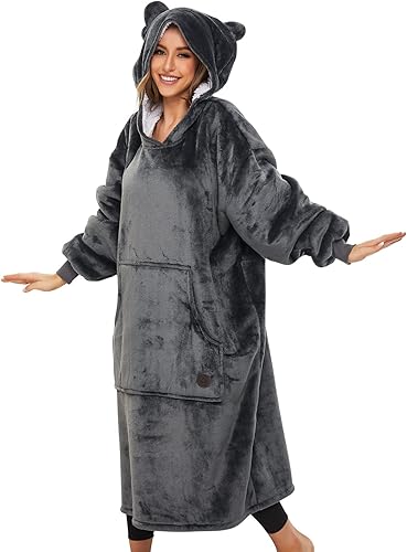 Miniatura 4 de THREE POODLE - Manta estilo sudadera con capucha de sherpa de gran tamaño con capucha para adultos, mujeres, hombres y niños, extremadamente