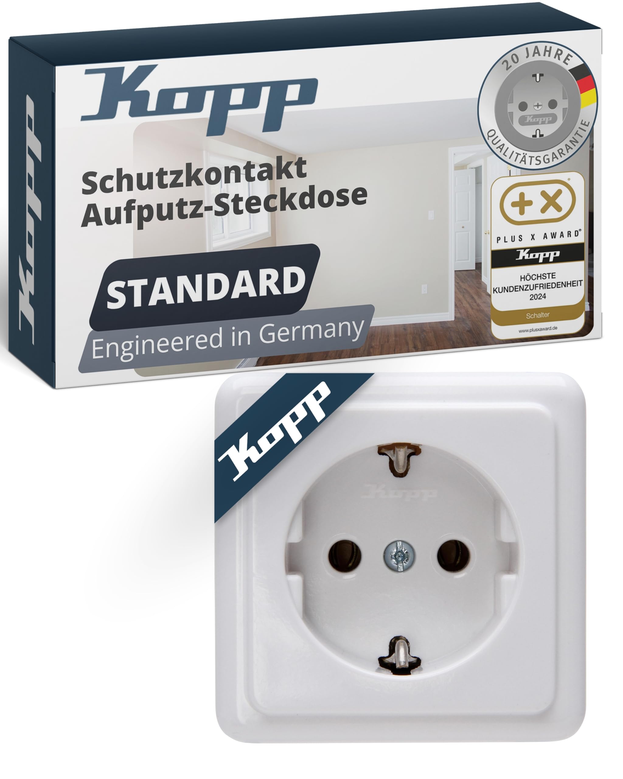 Kopp STANDARD 1fach Schutzkontakt-Steckdose in Arktis-Weiß - Hochwertige Aufputz-Steckdose für Keller, Werkstatt & Garage - Sicherer IP20 Steckdose-Aufputz - Feuchtraum-Wandsteckdose 16A / 250V~