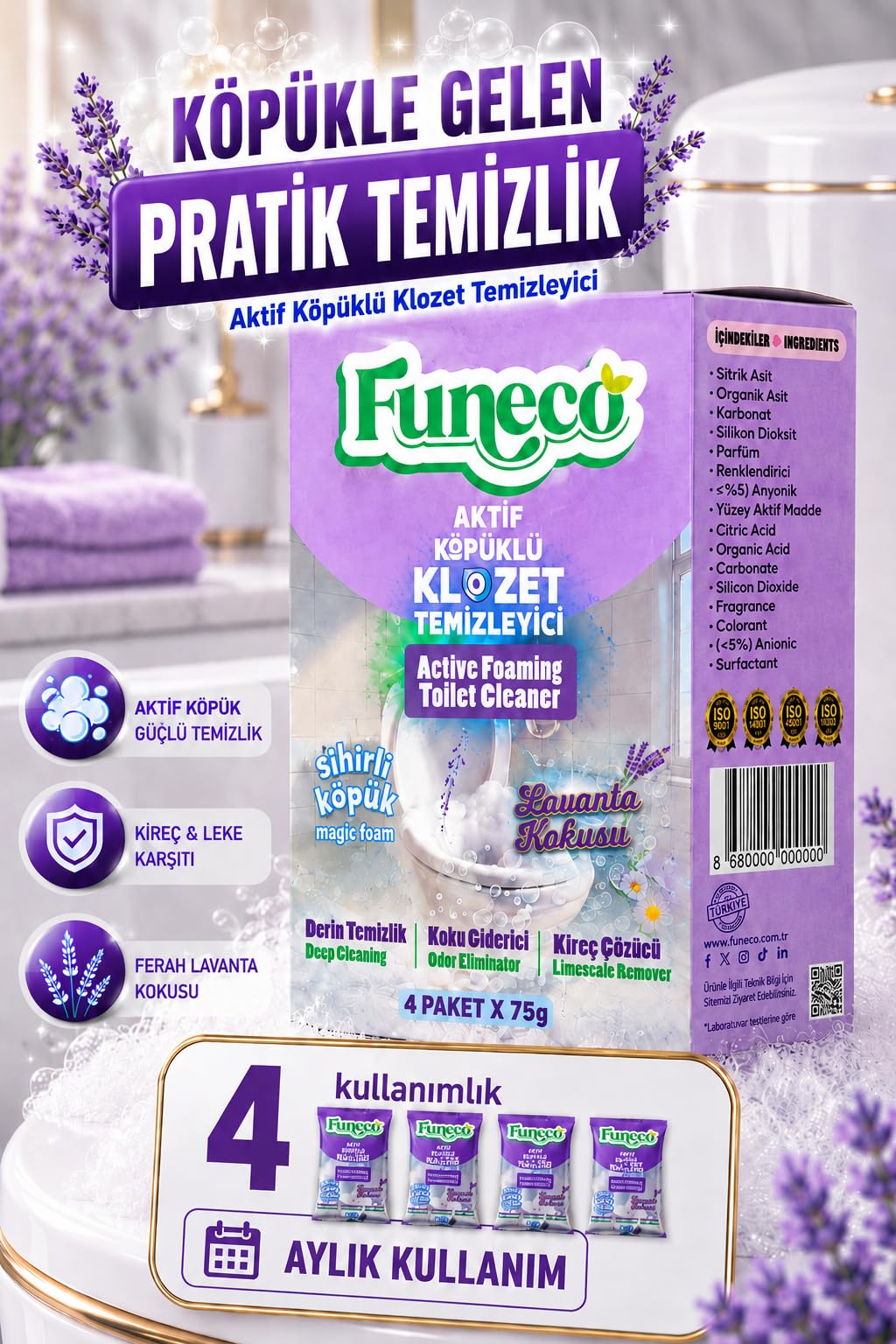 Funeco Tuvalet Klozet WC Lavabo Temizleyici Aktif Köpüklü Doğa Dostu 4x75g (300g) Aylık Paket – Lavanta Ferahlığı