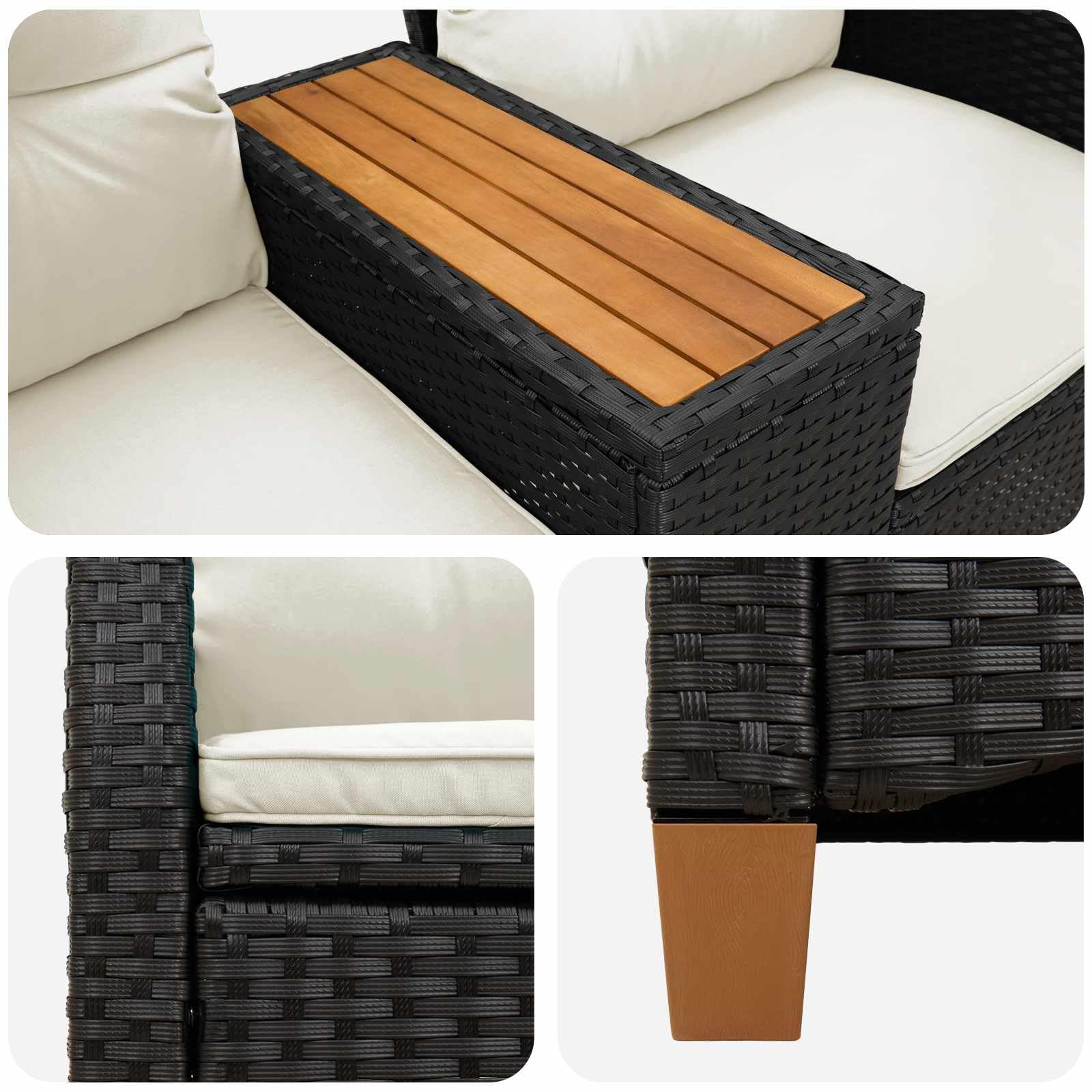 Liegebank mit Tisch Schwarz und Cremeweiß Poly-Rattan Gartenbank 126 x 65 x 112 cm Outdoor Möbel mit Verstellbarer Rückenlehne und integriertem Tisch für Terrasse und Gartenkomfort