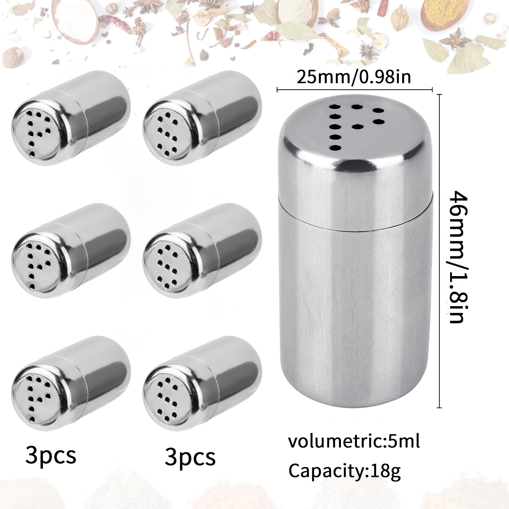 Set of 6 Mini Salt Shakers, Stainless Steel Salt and Pepper Shaker Set, Table Stainless Steel Small Salt Shakers, Salt and Pepper Shakers with Lid, Spice Shaker, Spice Dispenser for On the Go Camping