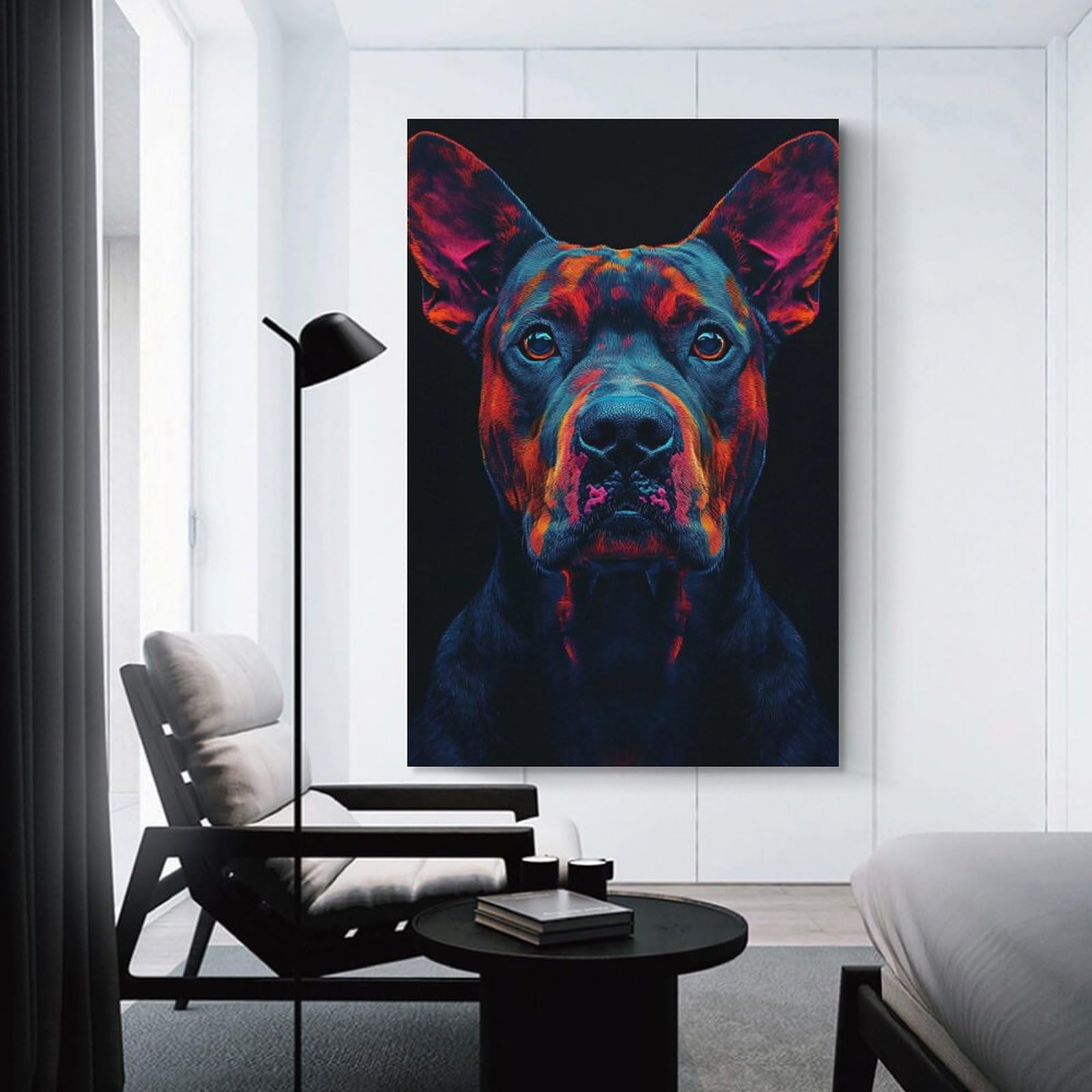 Junmoney Colorful Dog Portrait on Black Background Wall Picture Print, 08x12inch(20x30cm), for Flats, Guest Rooms Or Compact Rooms, Decorative Canvas Decor for Home Updates