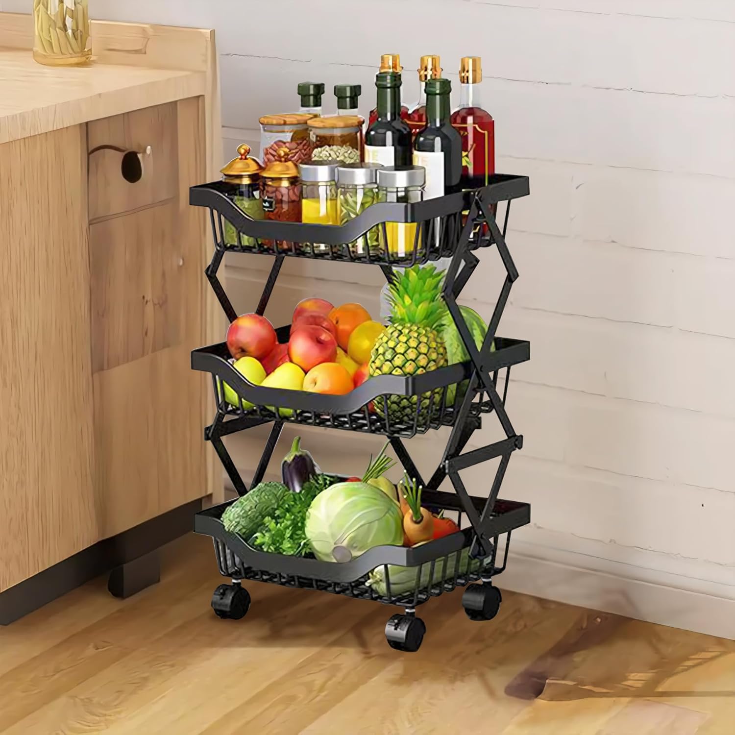 3 Tier Fruit Basket for Counter - Metal Wire Fruit Basket for Kitchen, Fruteros para Cocina, Fruit and Vegetable Storage Rolling Cart, Pantry Kitchen Storage with Wheels, Potato Onion Storage Rack