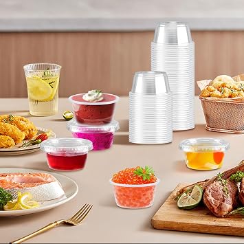 400 sets 2 oz Disposable Plastic Portion Cups with Lids, Sturdy Jello Shot Cups, Souffle Cups, Clear Plastic Containers with Lids for Salad Dressing,Condiment and Dipping Sauce