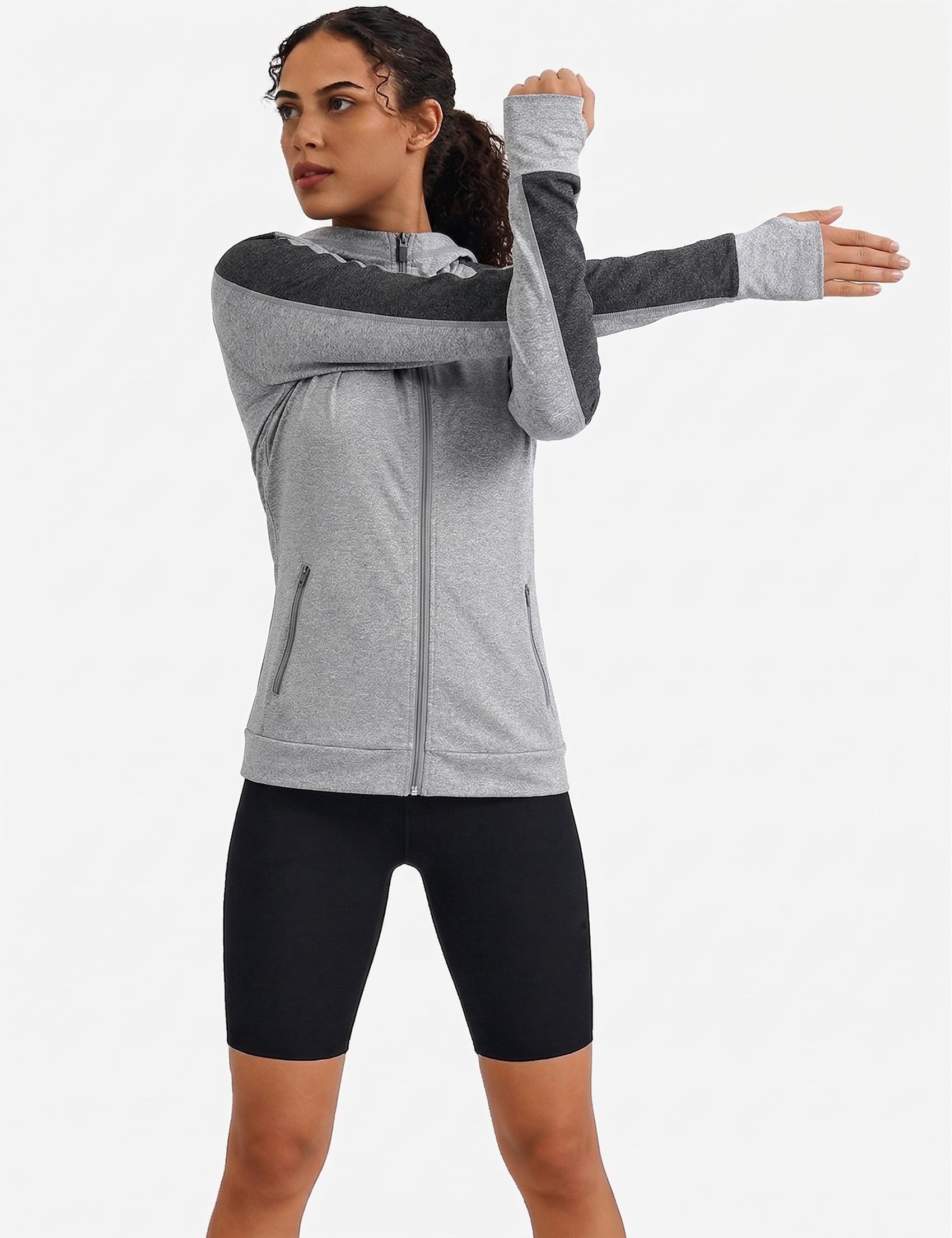 Damska kurtka do biegania, sportowa kurtka z długim rękawem, kurtka treningowa, bluza z kapturem, oddychająca, z otworem na kciuk i kieszenią, do biegania, jogi, fitnessu, szary, M
