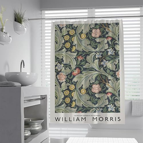William Morris - Cortina de ducha floral de tela de hojas de flores vintage con ganchos, cortinas de ducha de calidad de hotel, 32 x 72 pulgadas