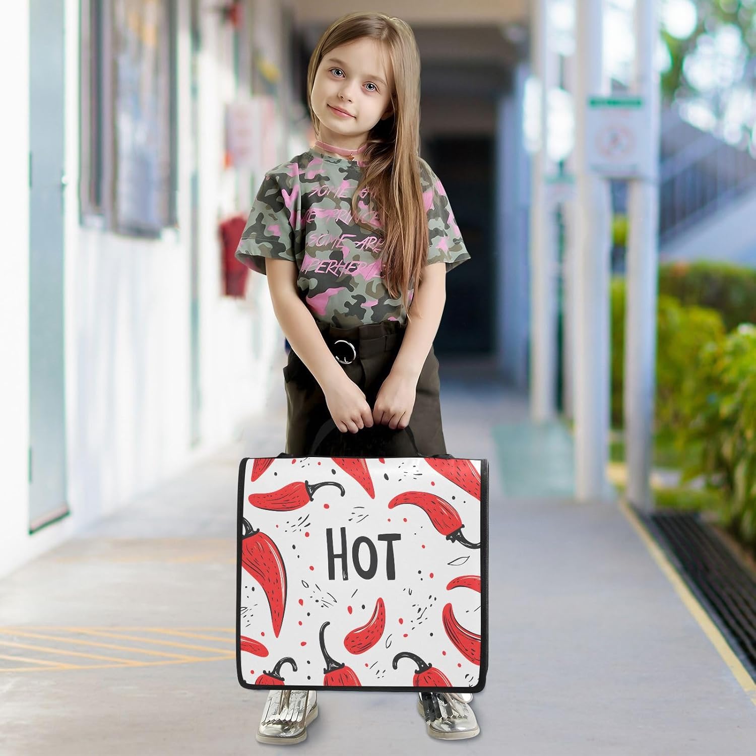 Zipper Binder Bag, Red Chili Peppers Pattern 1.5 inch 3-Ring Binder & Multiple Pockets, 500 Sheets Capacity Expanding File Folder with Shoulder Straps & Handles for School Work Office