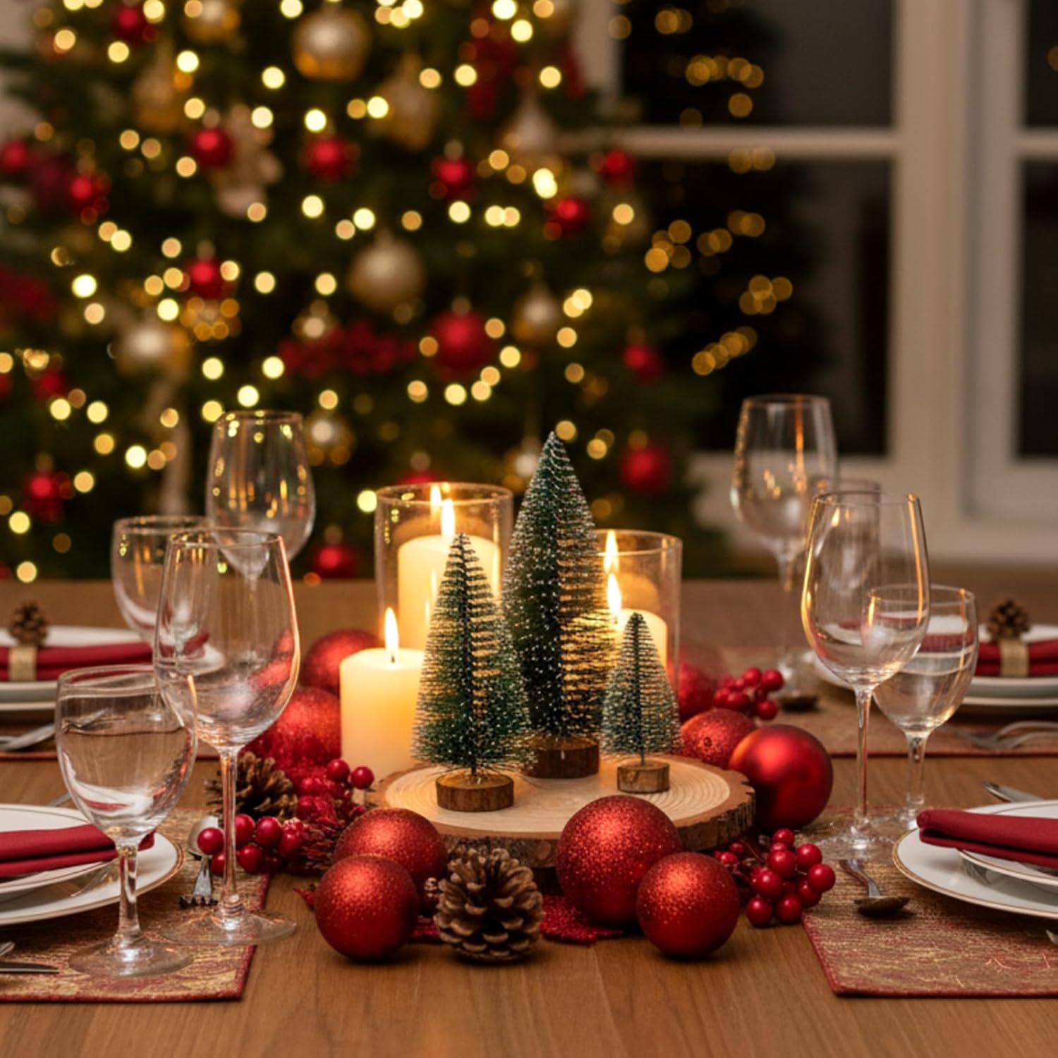 AceOrbit 24pcs Bottle Brush Trees in 3 Size 18 Woodland Table Decor with 6 Unfinished Round Wood Slices Wedding Centerpiece for Farmhouse DIY Crafts