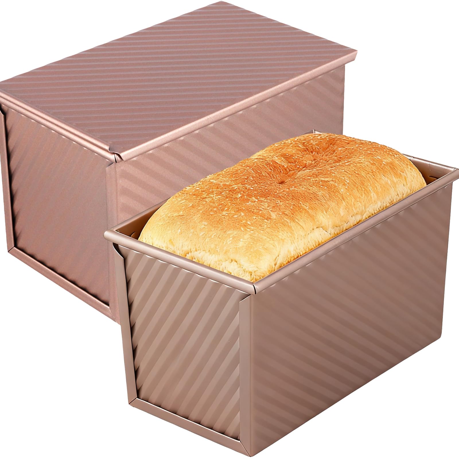 MAKTSAM 2 PCS Loaf Tin with Lid 1lb(450g), Non Stick Bread Pan 20.6x11.9x11.7cm, Carbon Steel Baking Tin for Toast, Sandwich, Cake Making