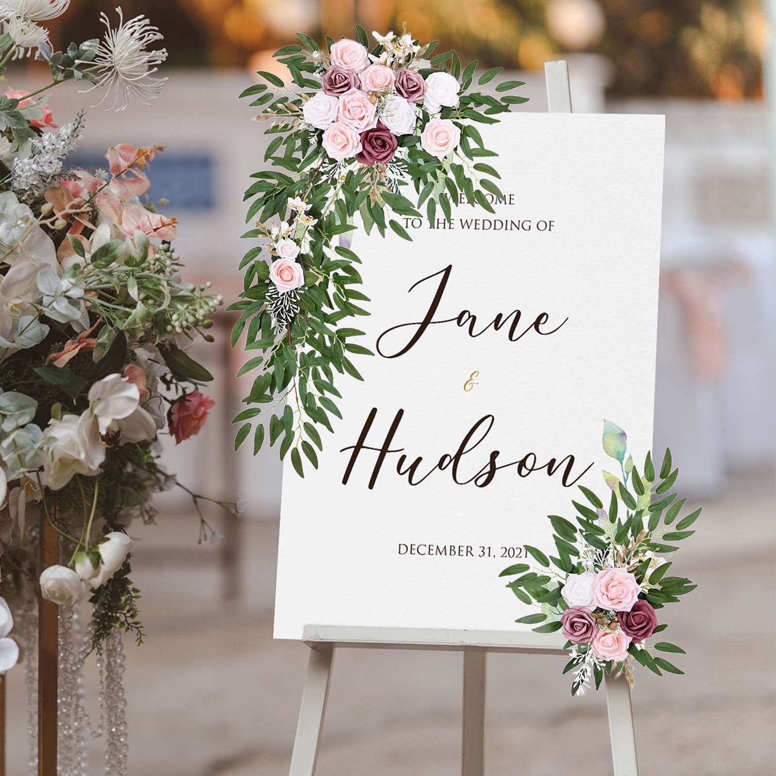 2 Stück Hochzeitsbogen-Blumen, Künstliche Rosen-Pfingstrosen-Blumengirlanden mit Grünen Eukalyptusblättern, Hochzeits-Willkommensschilder, Künstliche Grüne Girlanden für (B)