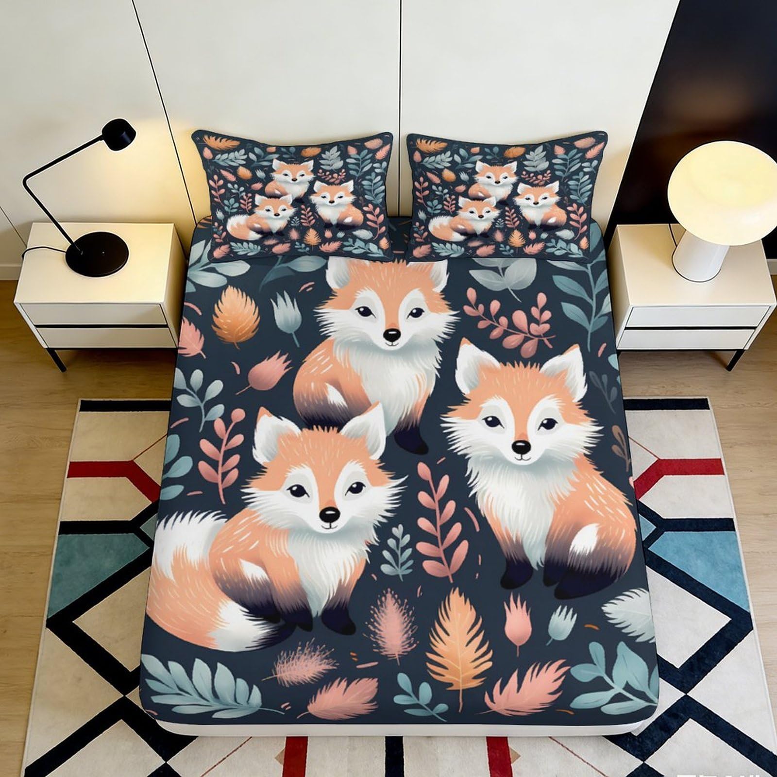 3D Printed Cute Fox Forest Fitted Sheet Microfiber Soft Animal Leaves Bed Cover for Bedroom Dorm Mattress Protection Decor 90x200x25cm