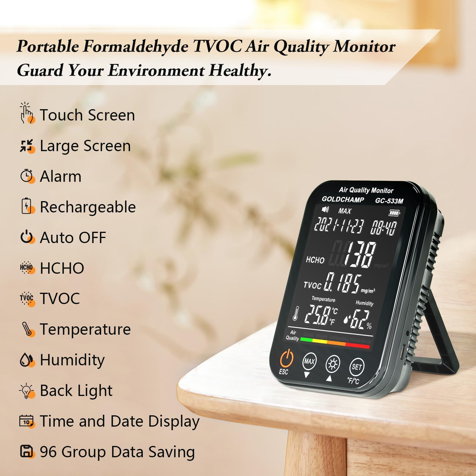 Produktbild von GOLDCHAMP Luftqualitätsmonitor GC-533M – 4-in-1 Mit HCHO, TVOC, Temperatur Und Feuchte, LCD Mit Ton-Alarm