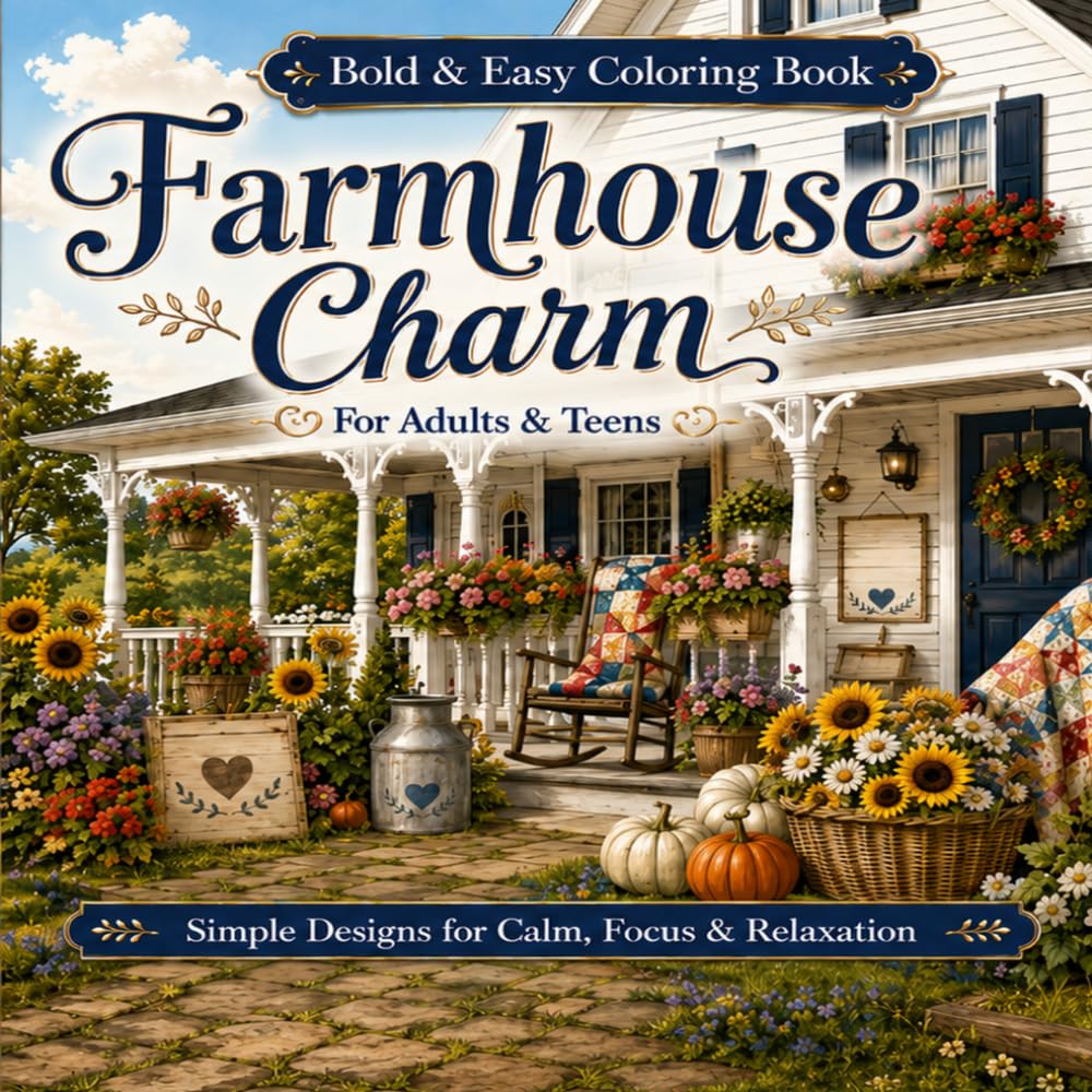 Farmhouse Charm: Bold & Easy Coloring Book for Adults & Teens (Calm Coloring Book Series)