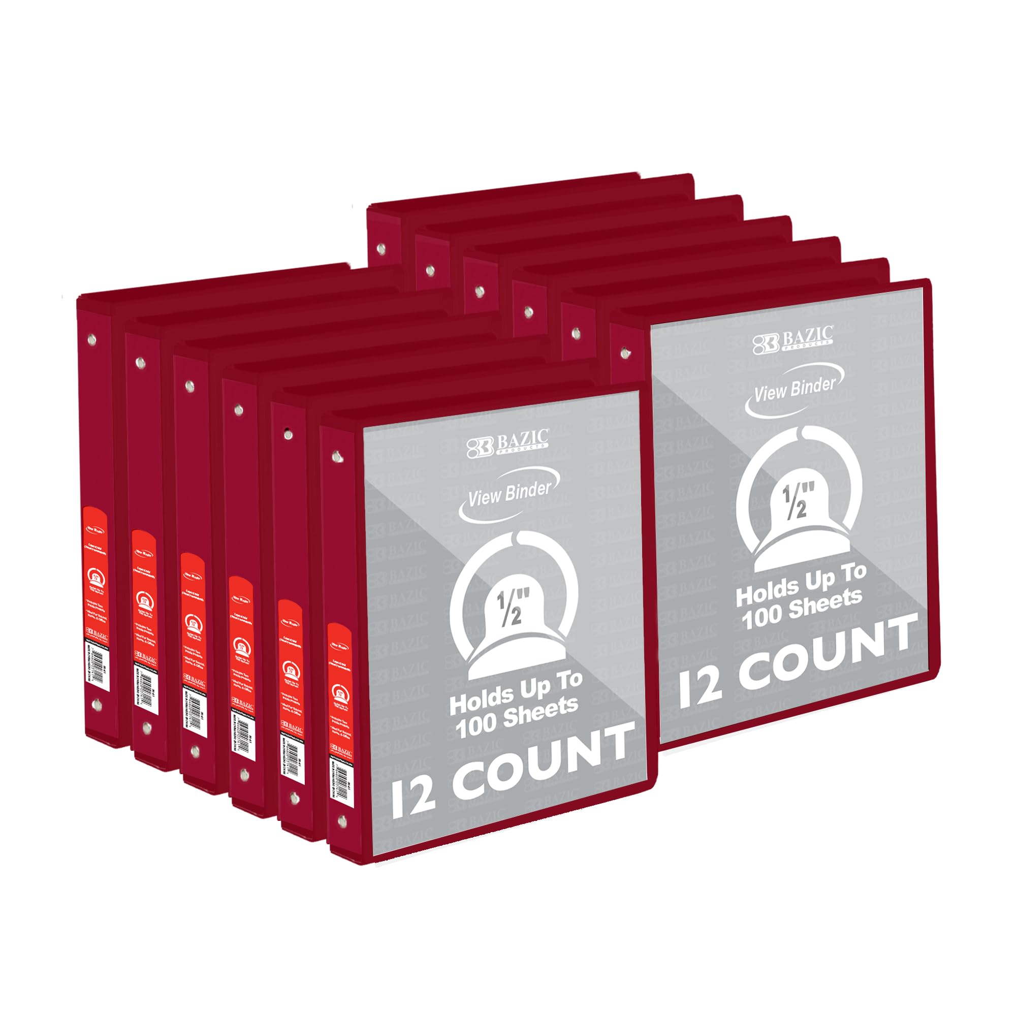BAZIC Products 1/2 in Burgundy 3-Ring View Binder, Round Ring, 12-Case