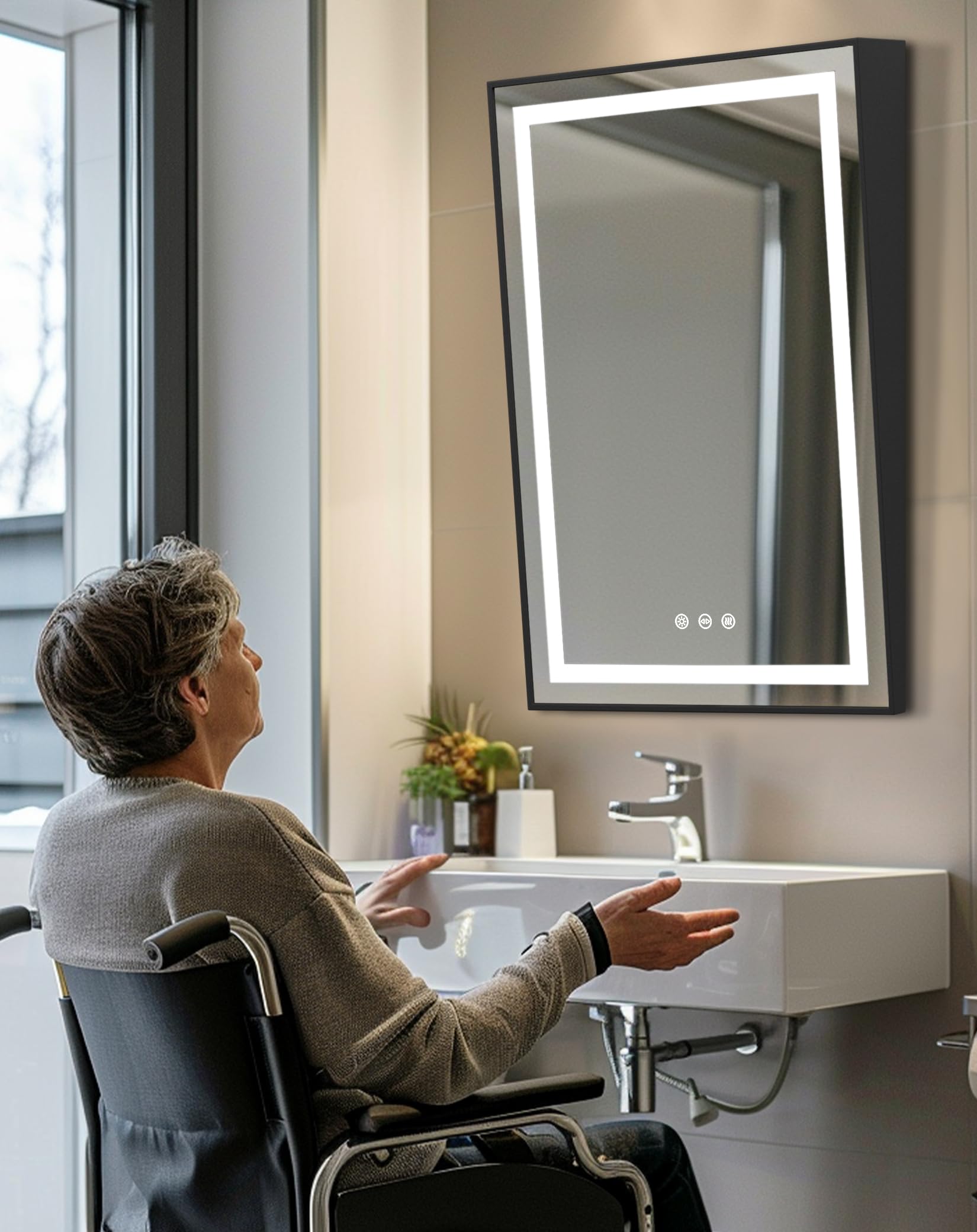 LUVODI Fixed Tilt Wall LED Mirror: 600x900mm Lighted Mirror for Handicap Bathroom ADA Restroom with Dimmable 3 Colors, Defogging, Aluminum Alloy Frame, Full Visibility Available for the Disabled
