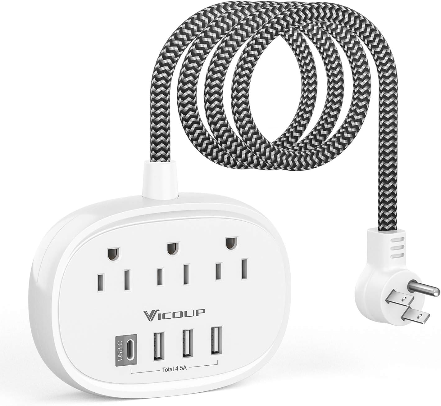 Power Strip with USB C, VICOUP Flat Plug 5ft Long Extension Cord with 3 Outlet 4 USB Ports 4.5A, Non-Slip Desktop USB Charging Station for Dorm Essentials, Home & Office, Travel