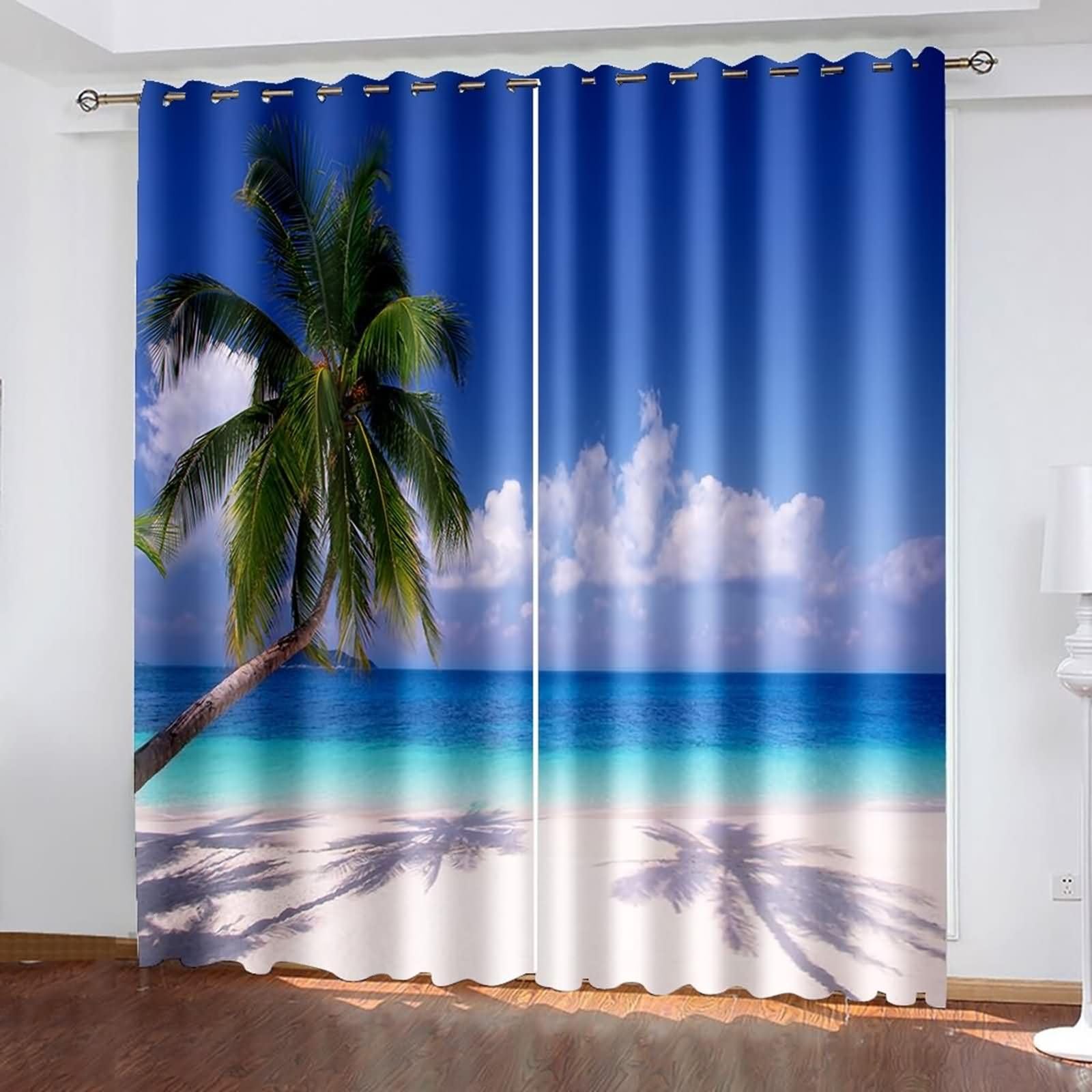 Zasłony nieprzezroczyste do pokoju młodzieżowego, zestaw 2 sztuk, 2 x 86 W x 183 cm (wys. x szer.), zasłony do sypialni, na przelotkach, na plaży palmowej, krajobrazu, niebieskie, zielone