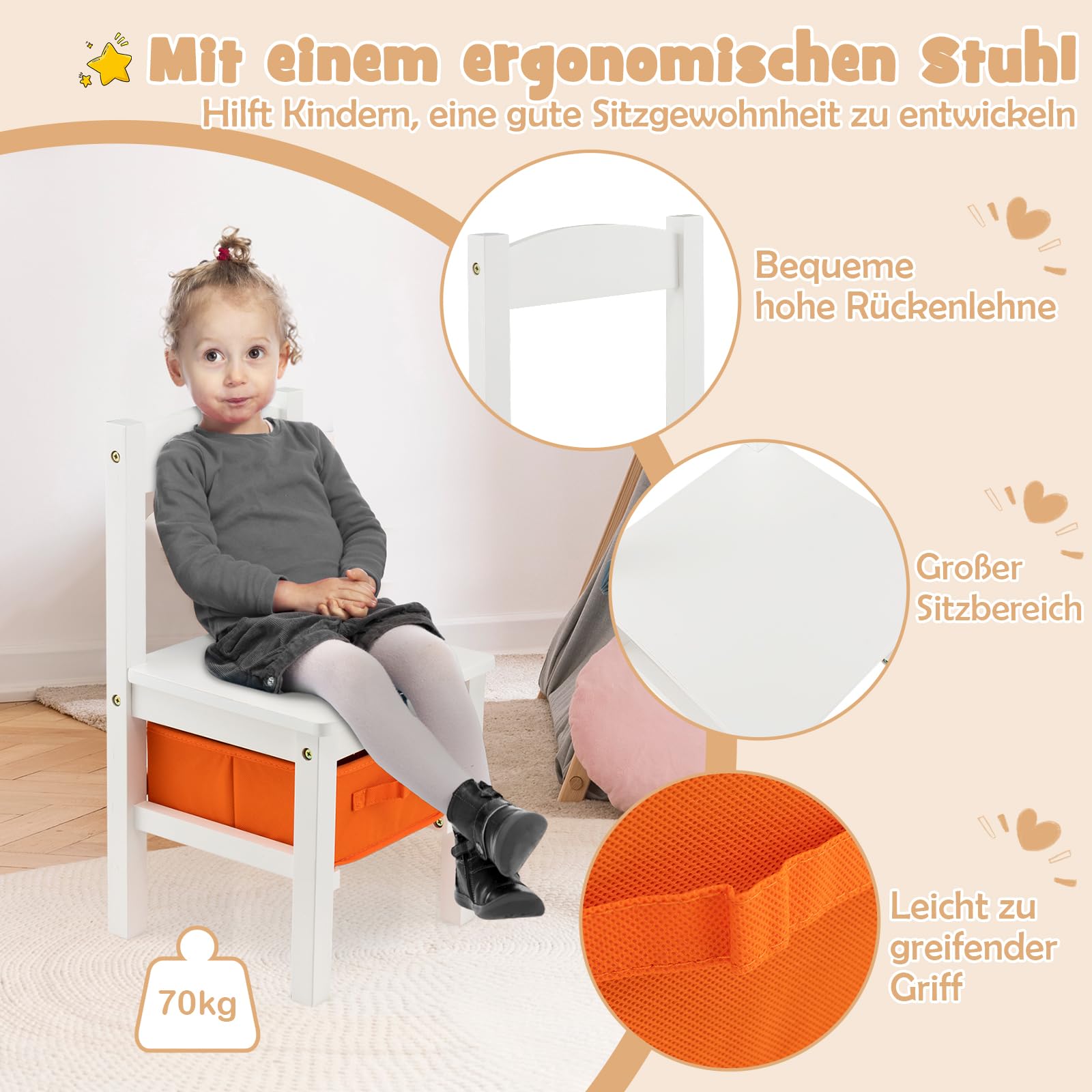 DREAMADE Kindertisch mit Stuhl, Kinderschreibtisch Kinder Schreibtisch aus Holz, Kindersitzgruppe mit Stauraum & Stoffbox (Weiß)