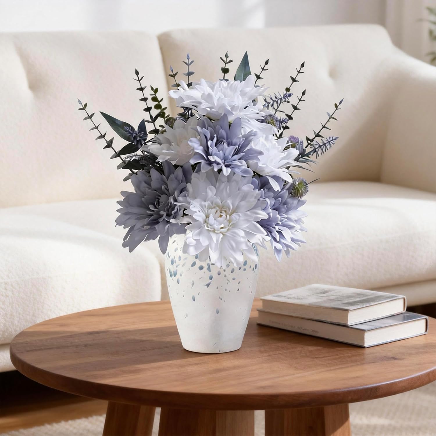Artificial Dahlia Flower Arrangement with Gray Ceramic Vase, 15” Faux Floral Centerpiece with White & Dusty Blue Dahlias, Eucalyptus Greenery for Home, Office, Table Décor