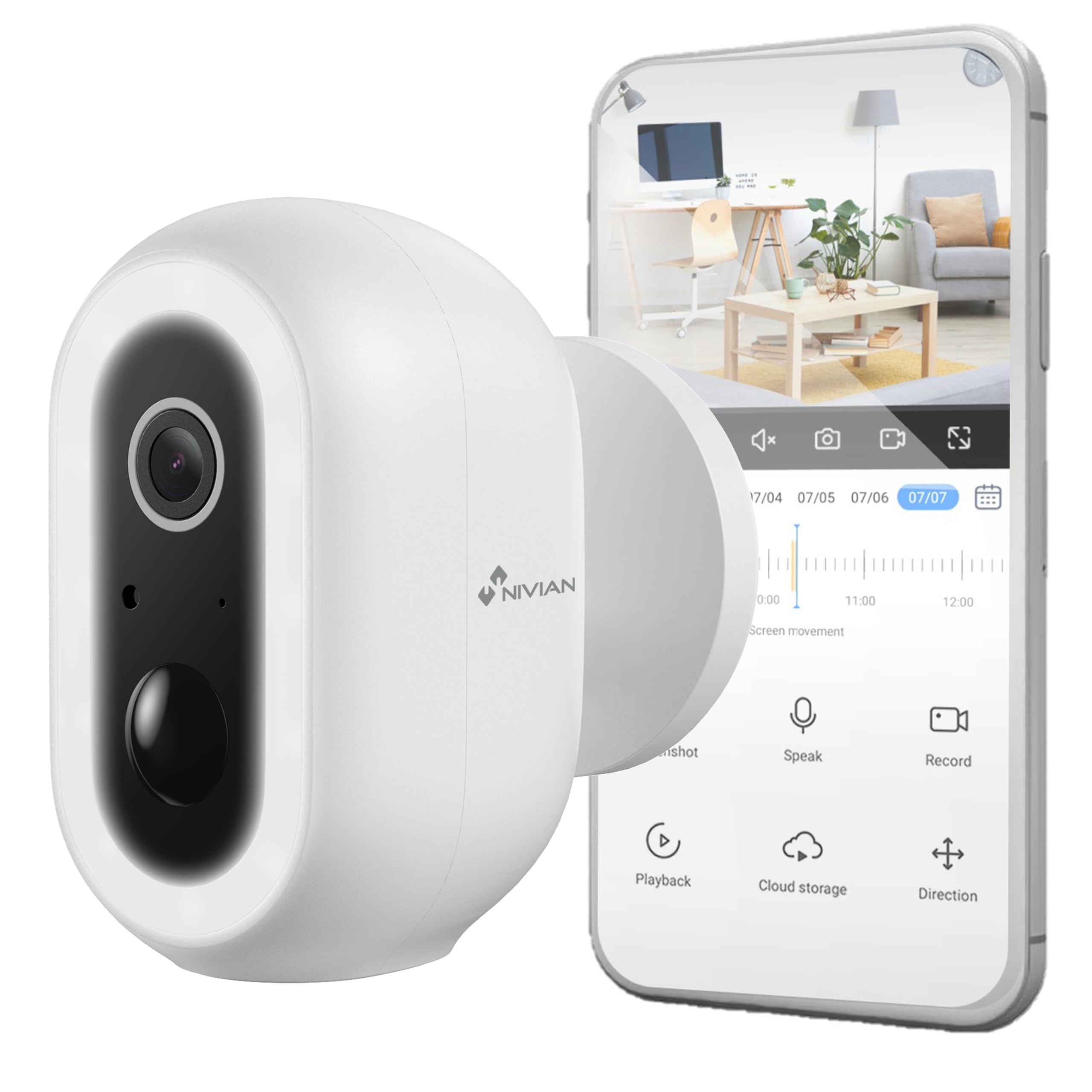 NIVIAN Cámara Vigilancia WiFi Exterior 2K con Batería | Cámara Seguridad PIR con Detección Humana, Visión Nocturna Color, Audio Bidireccional, Sirena y LED, App Smart 04-​Bat
