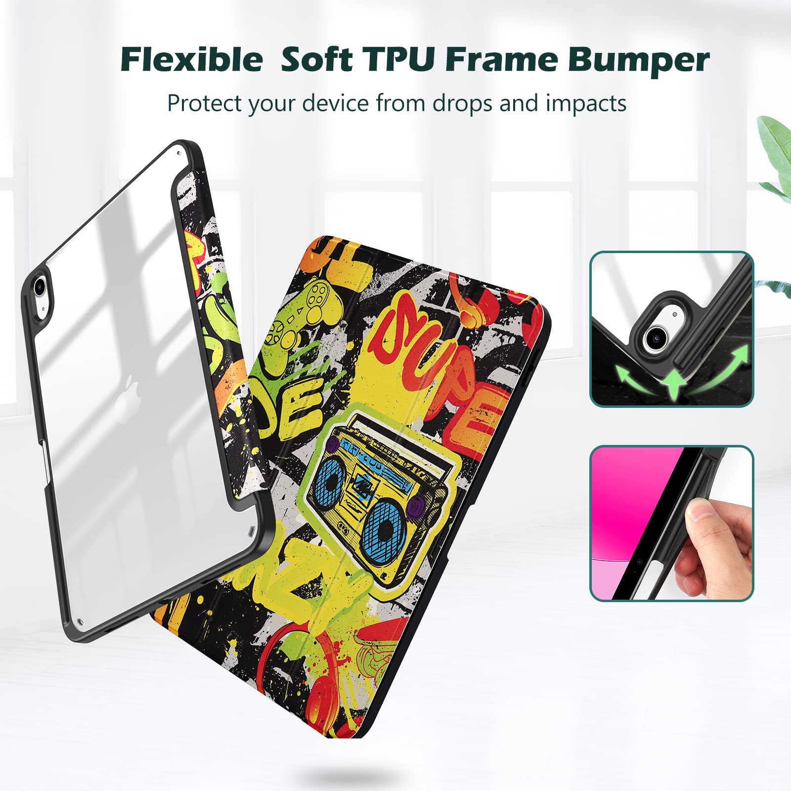 ProCase Cover iPad 11 Generazione A16 11 Pollici 2025/iPad 10 Generazione 10,9 Pollici 2022,Custodia con Portapenna Auto Sonno/Veglia -Giallo Rock and Roll