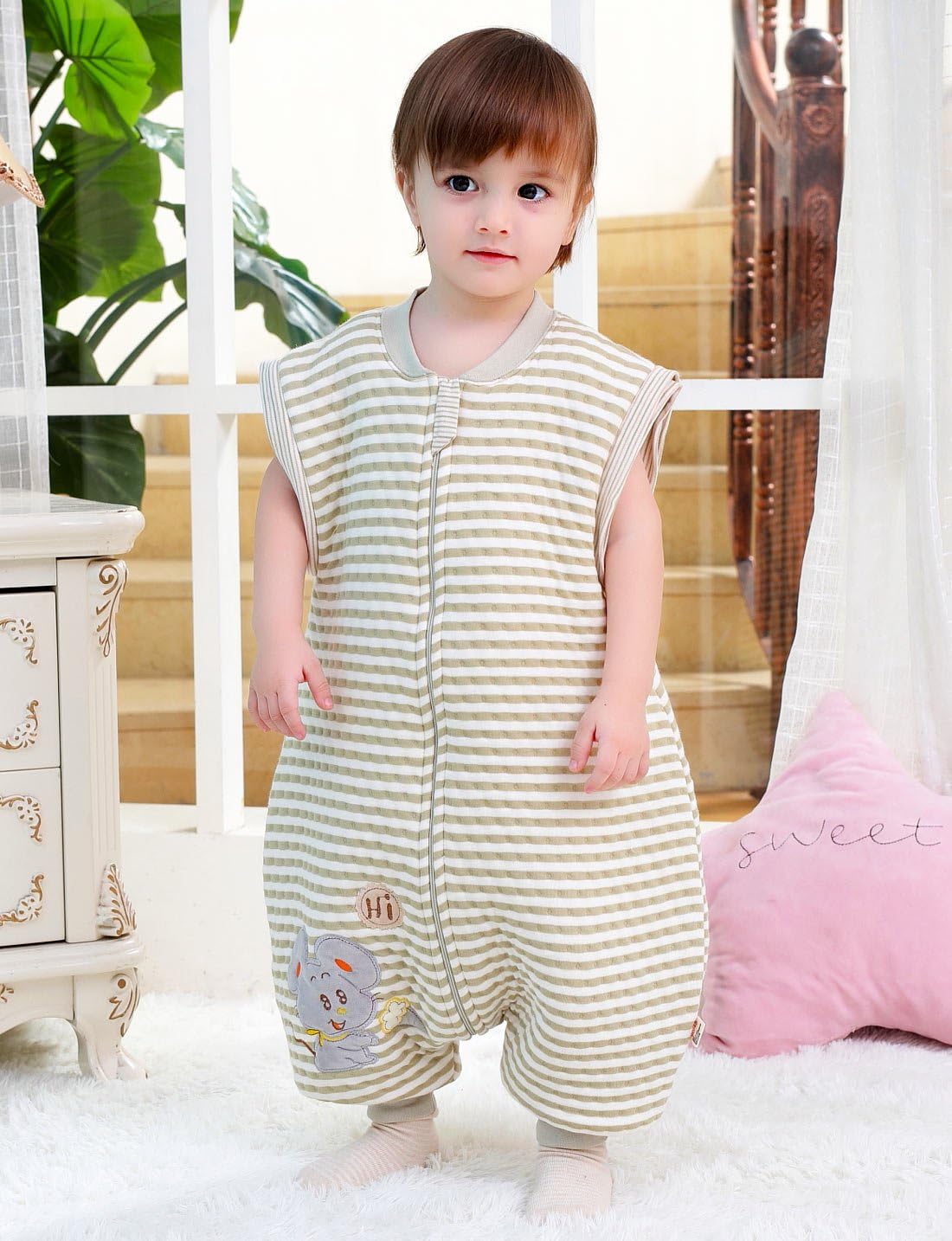 FEOYA Baby Sleeping Nest Bag with Separate Legs and Removable Long Sleeves Baby Sleep Sack Cotton Wearable Blanket Toddlers Pajamas 9-18 Months Green - Image 4