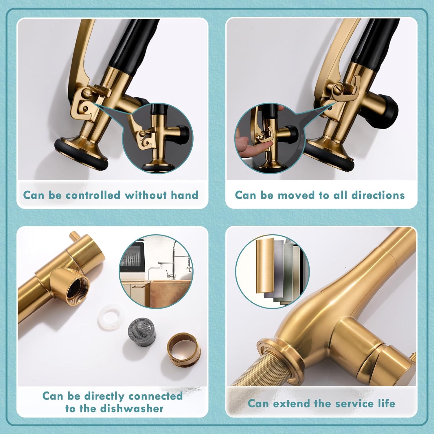 GIMILI Brushed Gold Kitchen Faucet with Pull Down Sprayer Single Handle High Pressure Brass Kitchen Sink Faucet Commercial Double-Headed Kitchen Faucets Sink with Deck Plate - Image 4