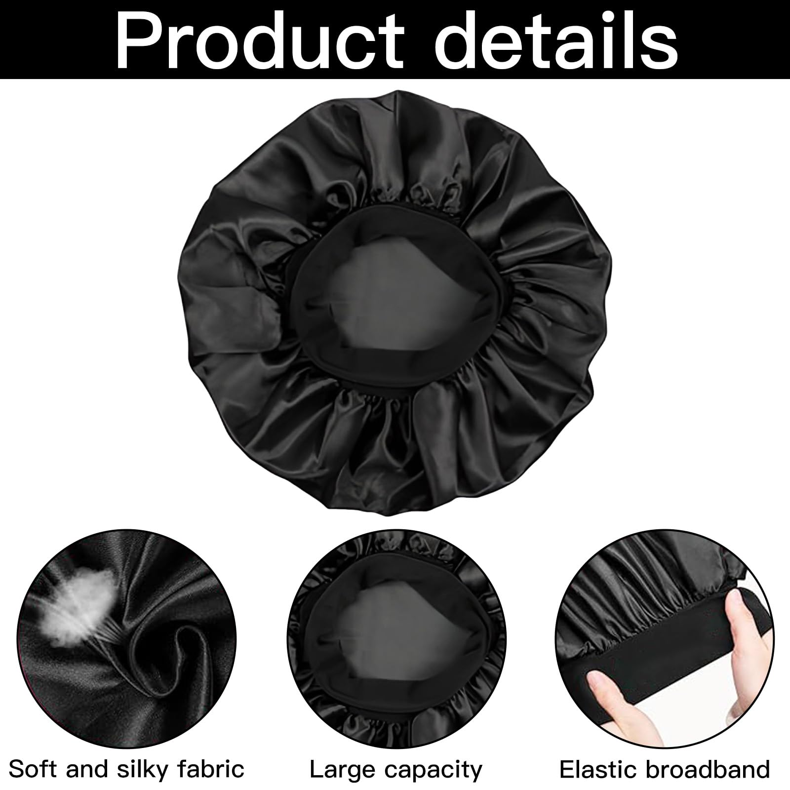 OFKPO 2PCS Satin Bonnet, with Wide Elastic Band, Silk Bonnet Hair Wrap for Women and Girls Silk Sleep Cap(Black) - Image 3