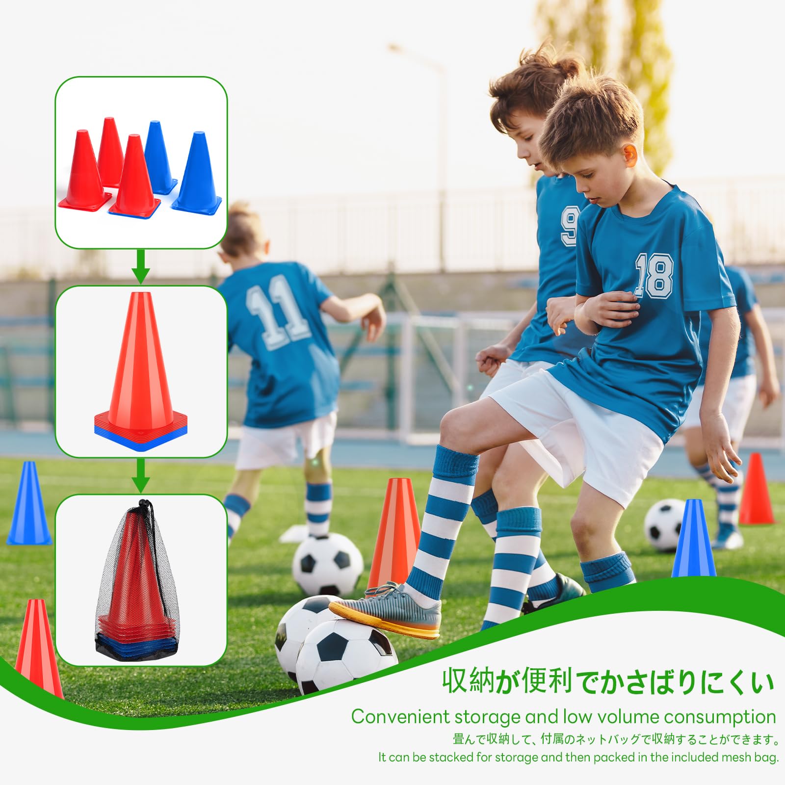 BiAnYC 10本セット 23cm マーカーコーン 赤+青,カラーコーン ミニ,ミニコーン,サッカー コーン,三角コーン ミニ, サッカー 野球 テニス フットサル 練習コーン,ボールスポーツ 団体競技や部活 陸上競技 運動会 スポーツコーン 青と赤各5本 収納袋付き