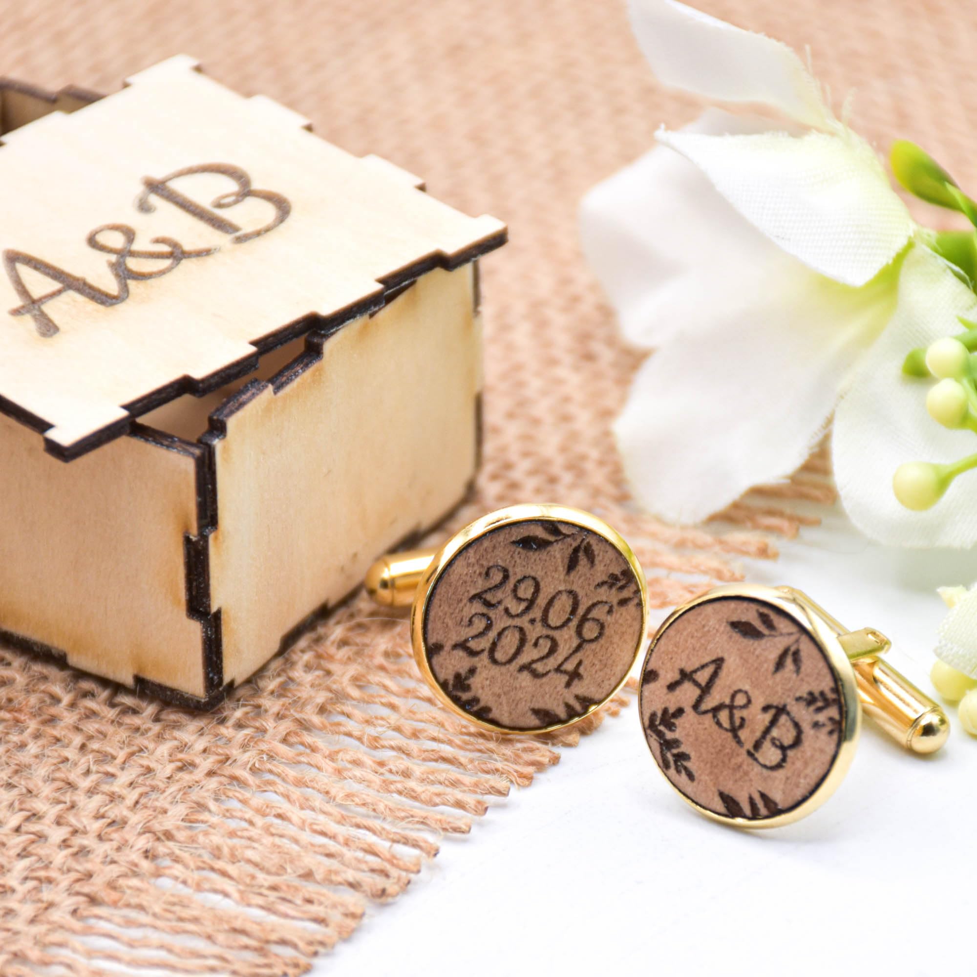 Boutons de chemises personnalisés en bois de peuplier et acier inoxydable argenté ou doré, assortis ou asymétriques, mariage champêtre, floral, feuilles, boutons de manchette