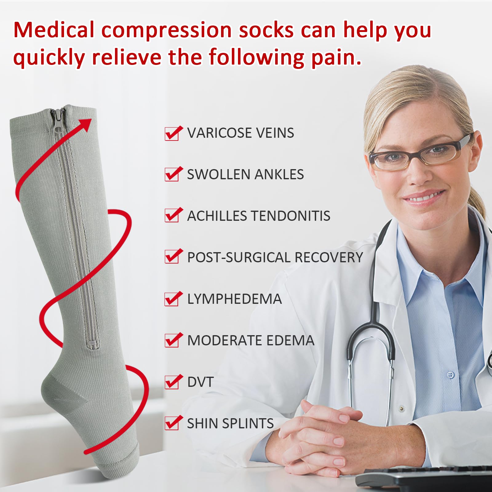 Ailaka Lot de 3 paires de chaussettes de compression avec fermeture éclair - 15-20 mmHg - Chaussettes médicales pour hommes et femmes - Chaussettes à orteils ouverts pour varices, œdèmes,