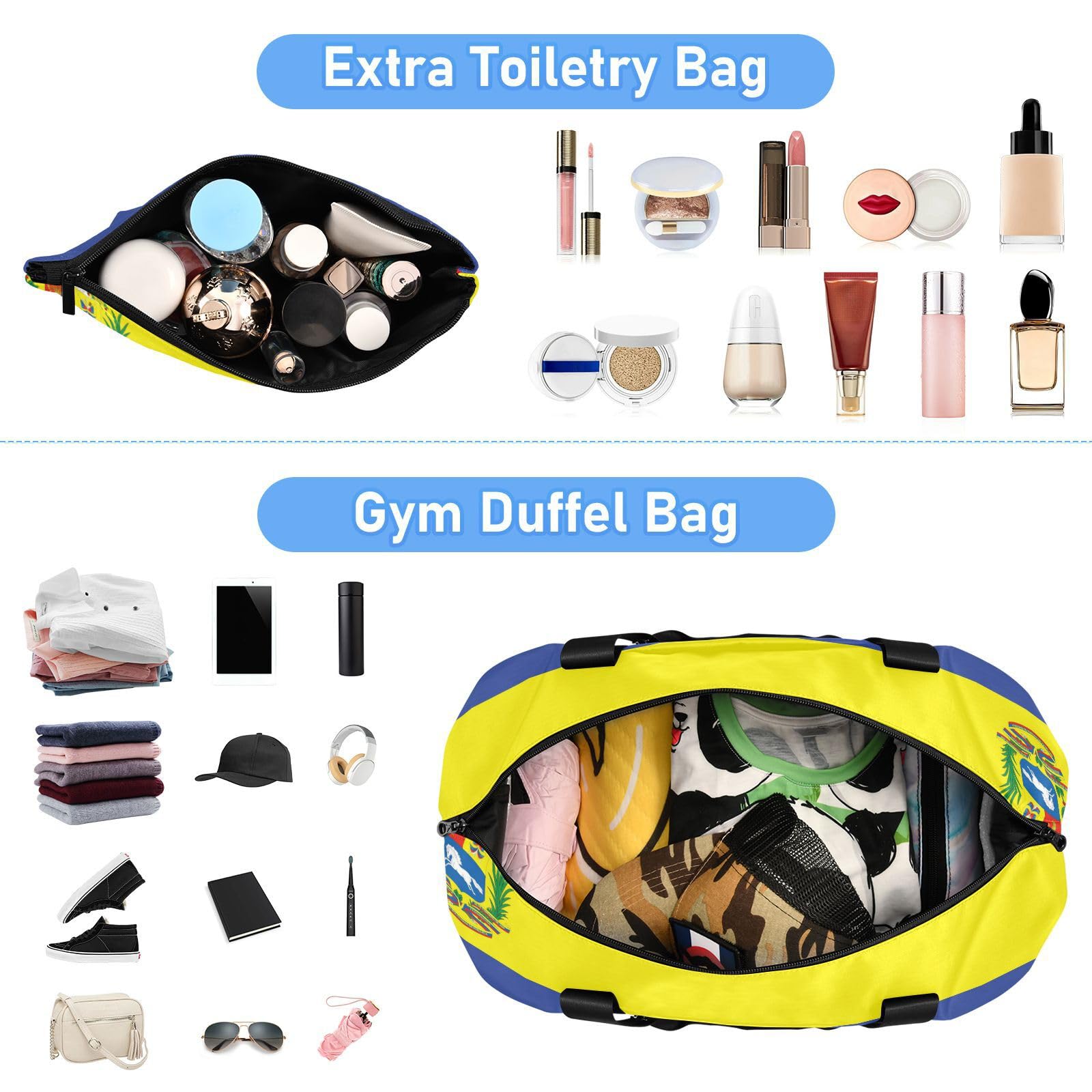 Venezuela - Bolsa de viaje de gran tamaño con bolsillo húmedo ajustable, correa ajustable para el gimnasio, viaje en avión, viajes, 2 piezas, para hombres y mujeres